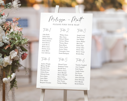 6 Tables Seating Chart for Wedding or Other Occasions