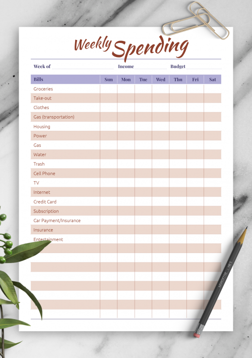 Printable Student Spending Template
