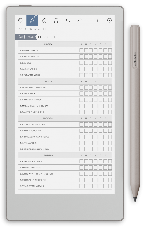 reMarkable Self-Care Planner - Portrait Contrast Theme