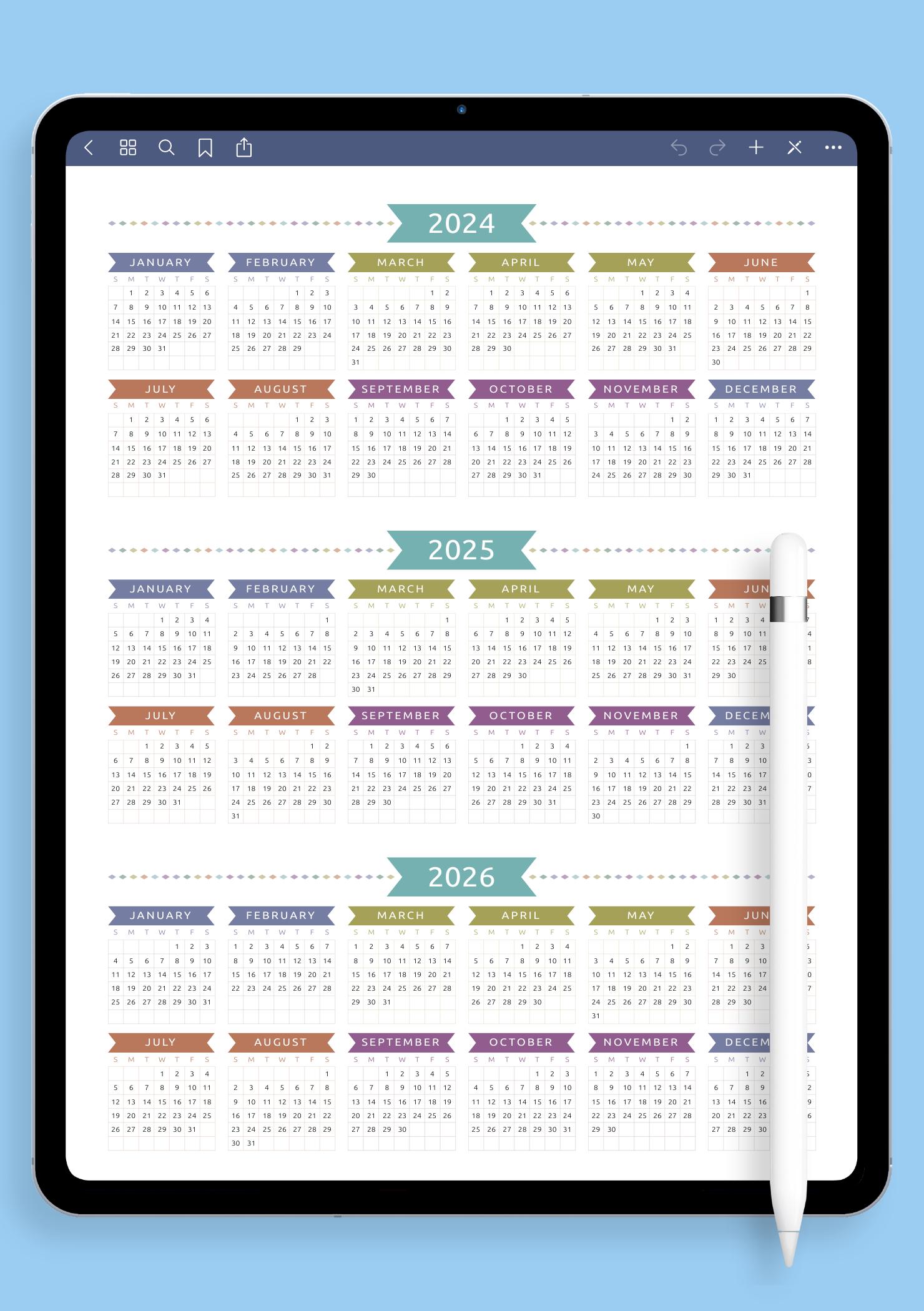 Download Printable 3-year Calendar Template - Casual Style PDF