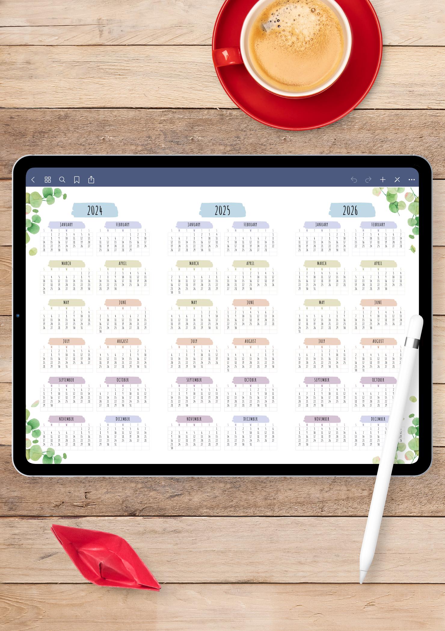 Download Printable 3-year Calendar Template - Floral Style - Landscape ...