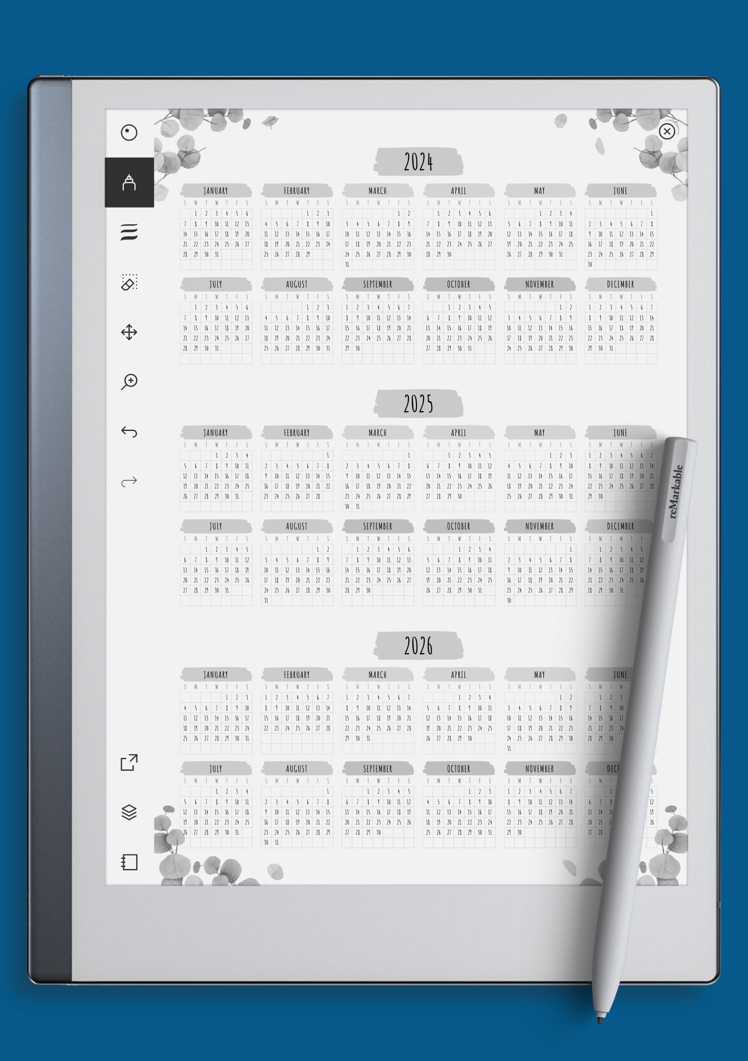 Download Printable 3year Calendar Template Floral Style PDF