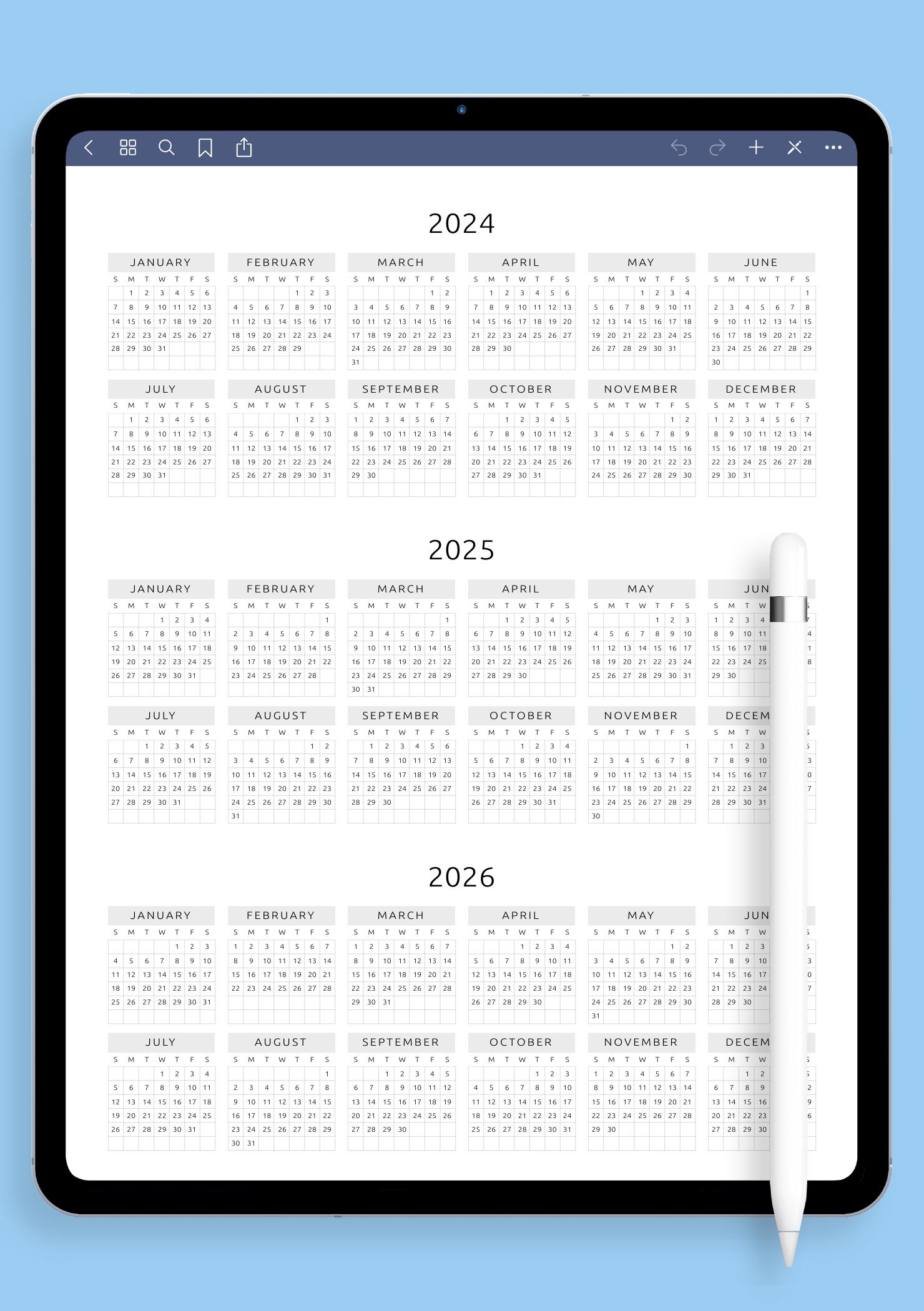 Download Printable 3-year Calendar Template - Original Style PDF