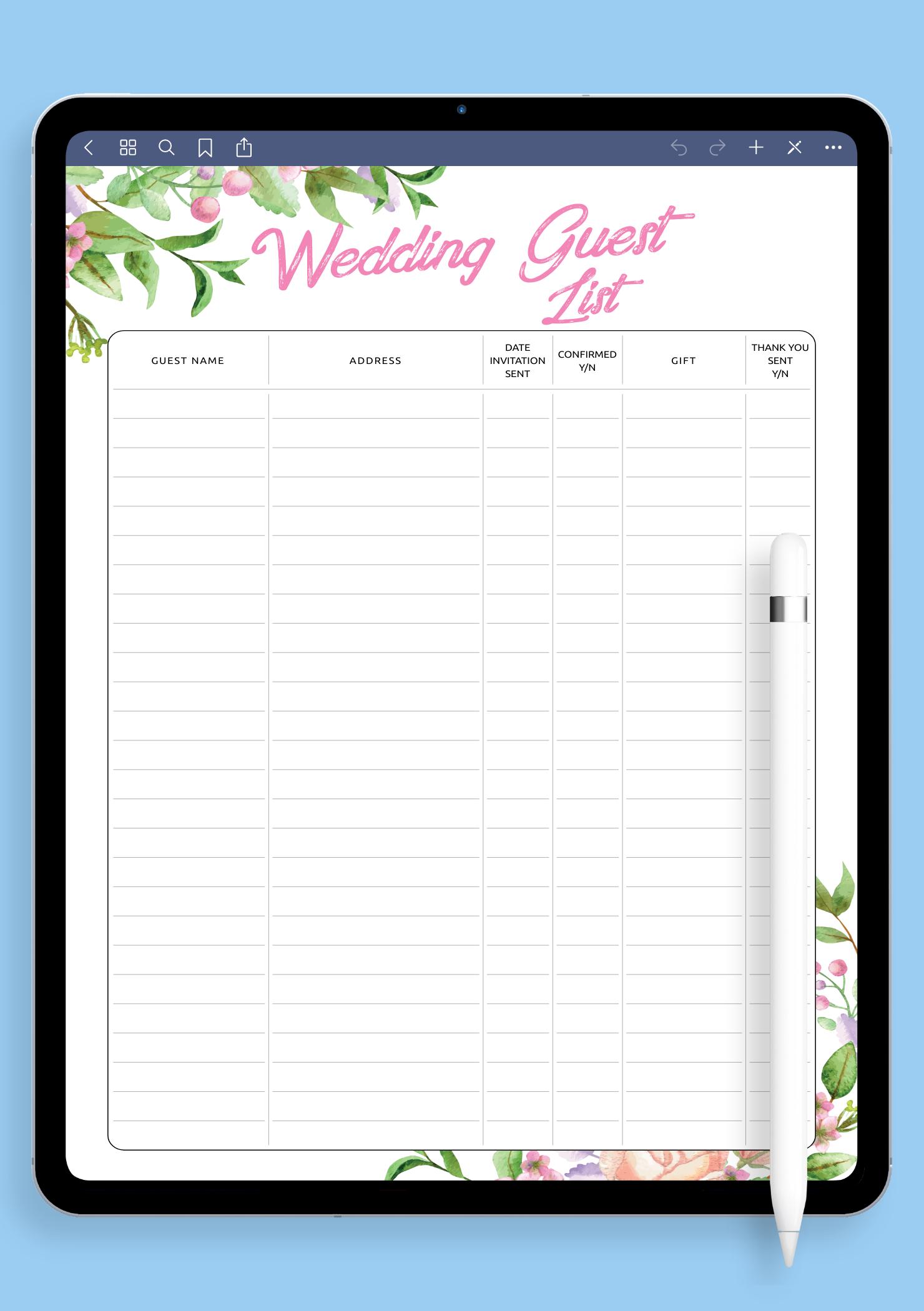 Download Printable Aesthetic Wedding Guest List Template PDF