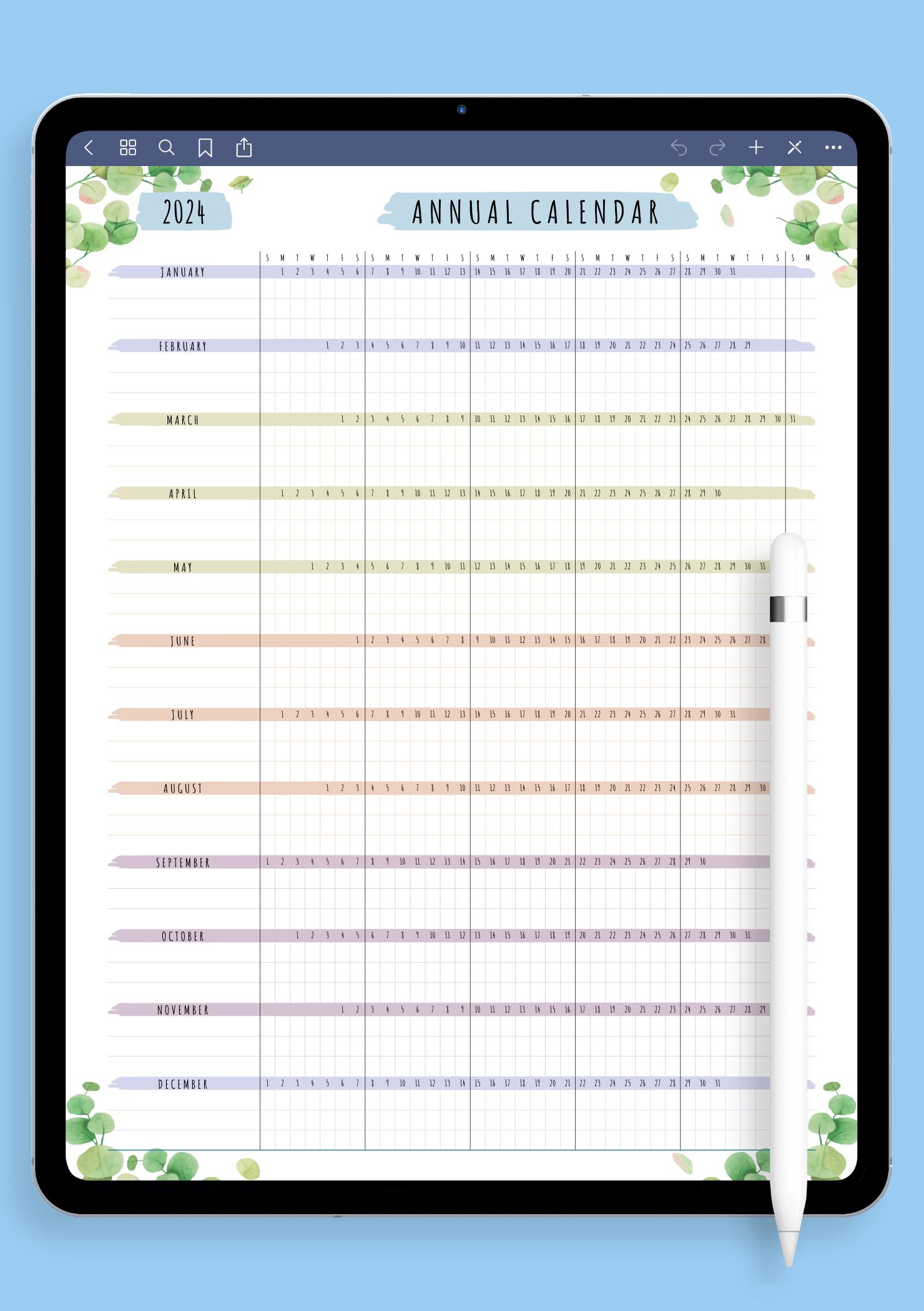 Download Printable Annual Calendar Template - Floral Style PDF