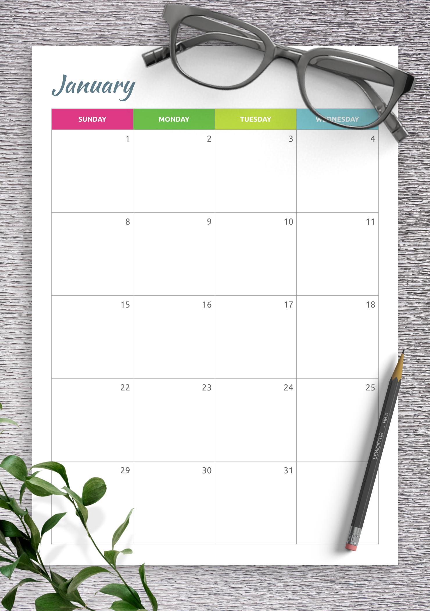 Download Printable Colored Horizontal Monthly Calendar PDF