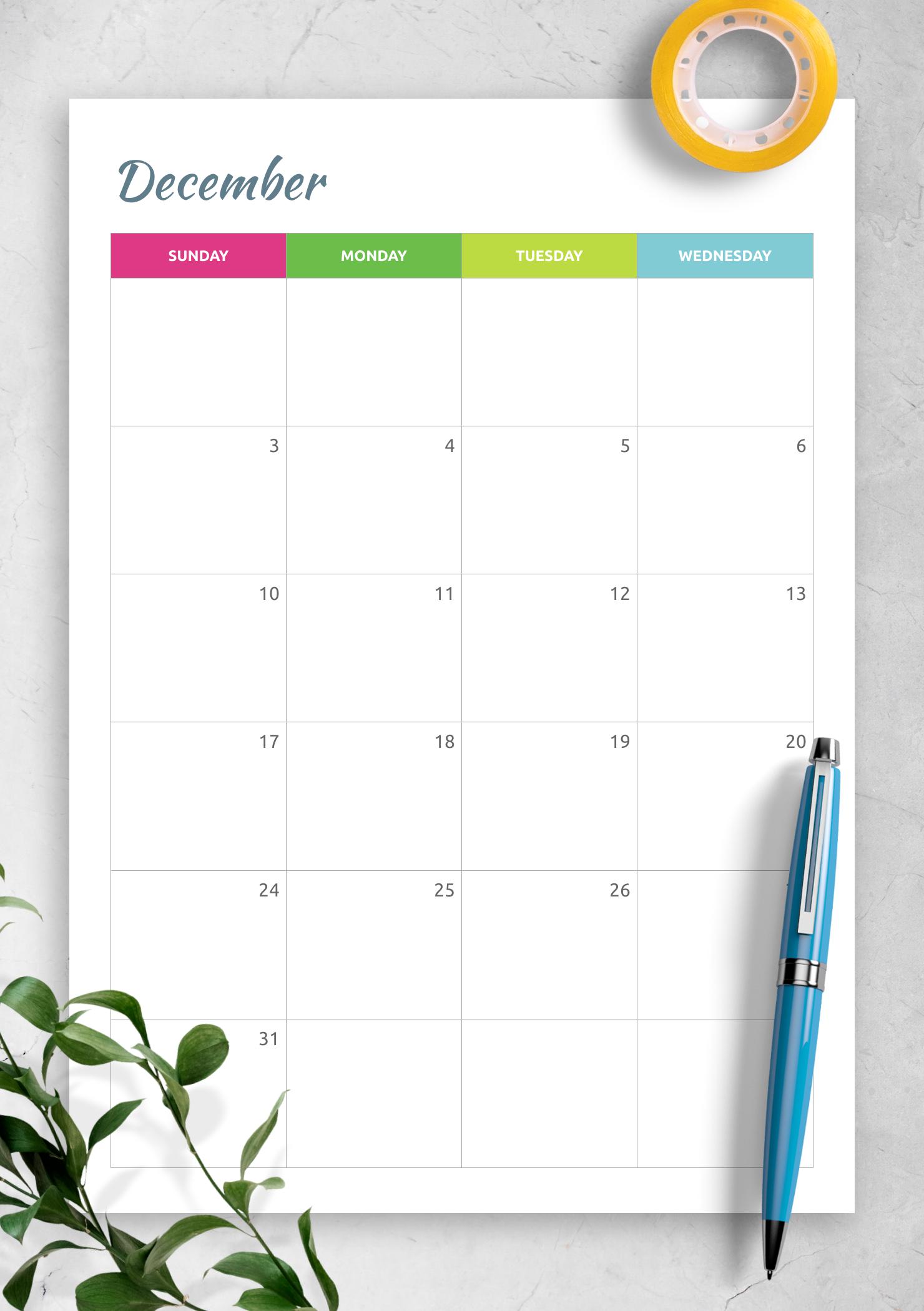 Download Printable Colored Horizontal Monthly Calendar PDF