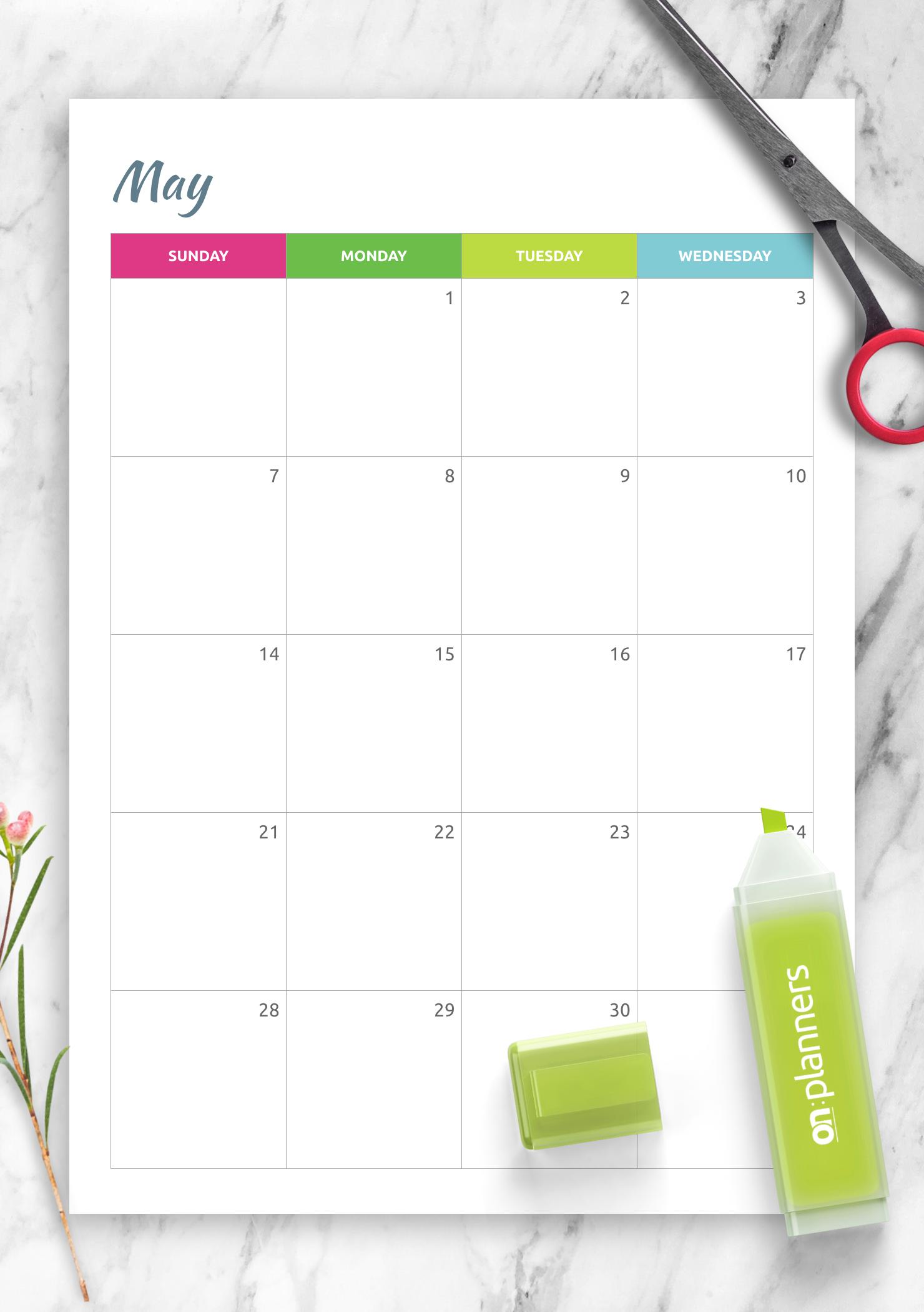 Download Printable Colored Horizontal Monthly Calendar PDF