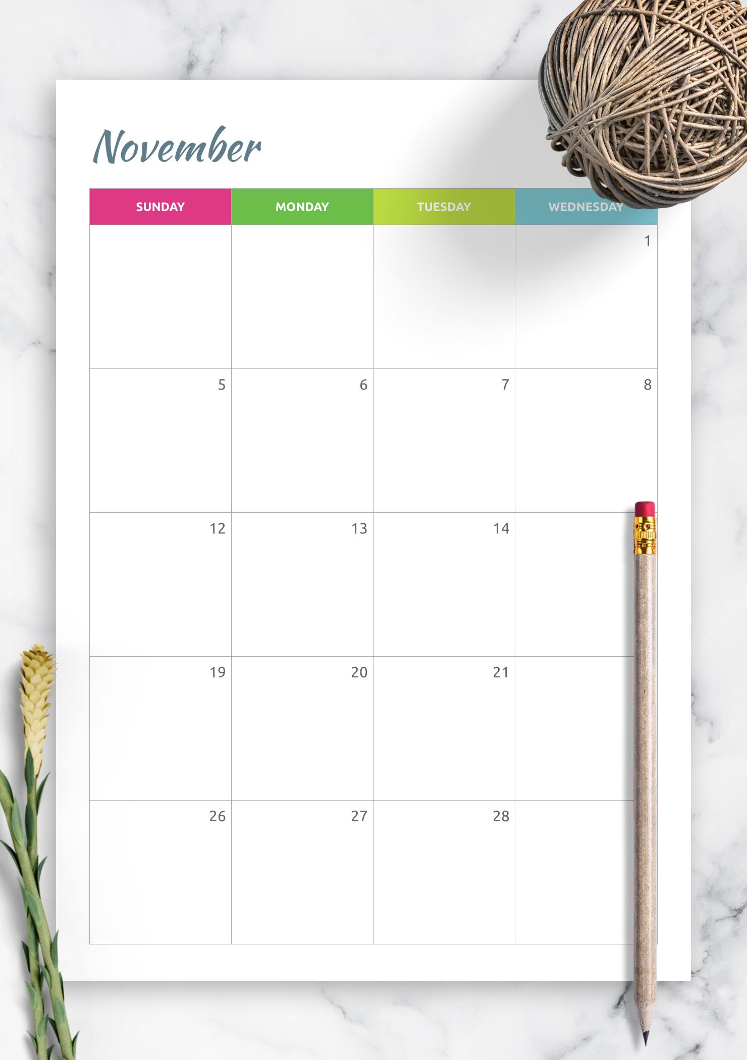 Download Printable Colored Horizontal Monthly Calendar PDF