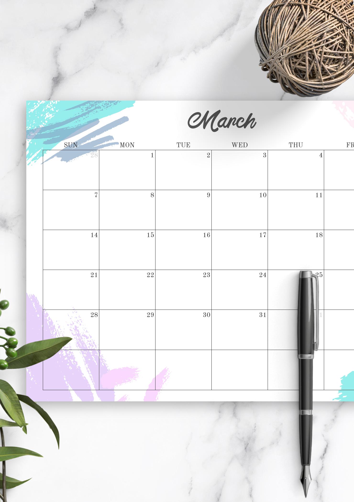 Download Printable Colored Monthly Calendar PDF