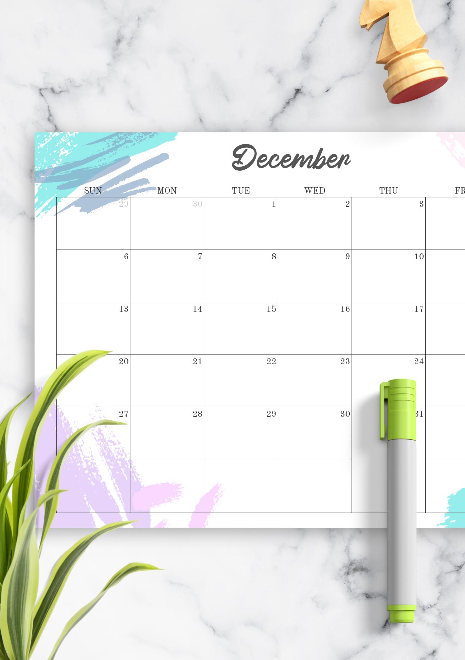 Download Printable Colored Monthly Calendar PDF