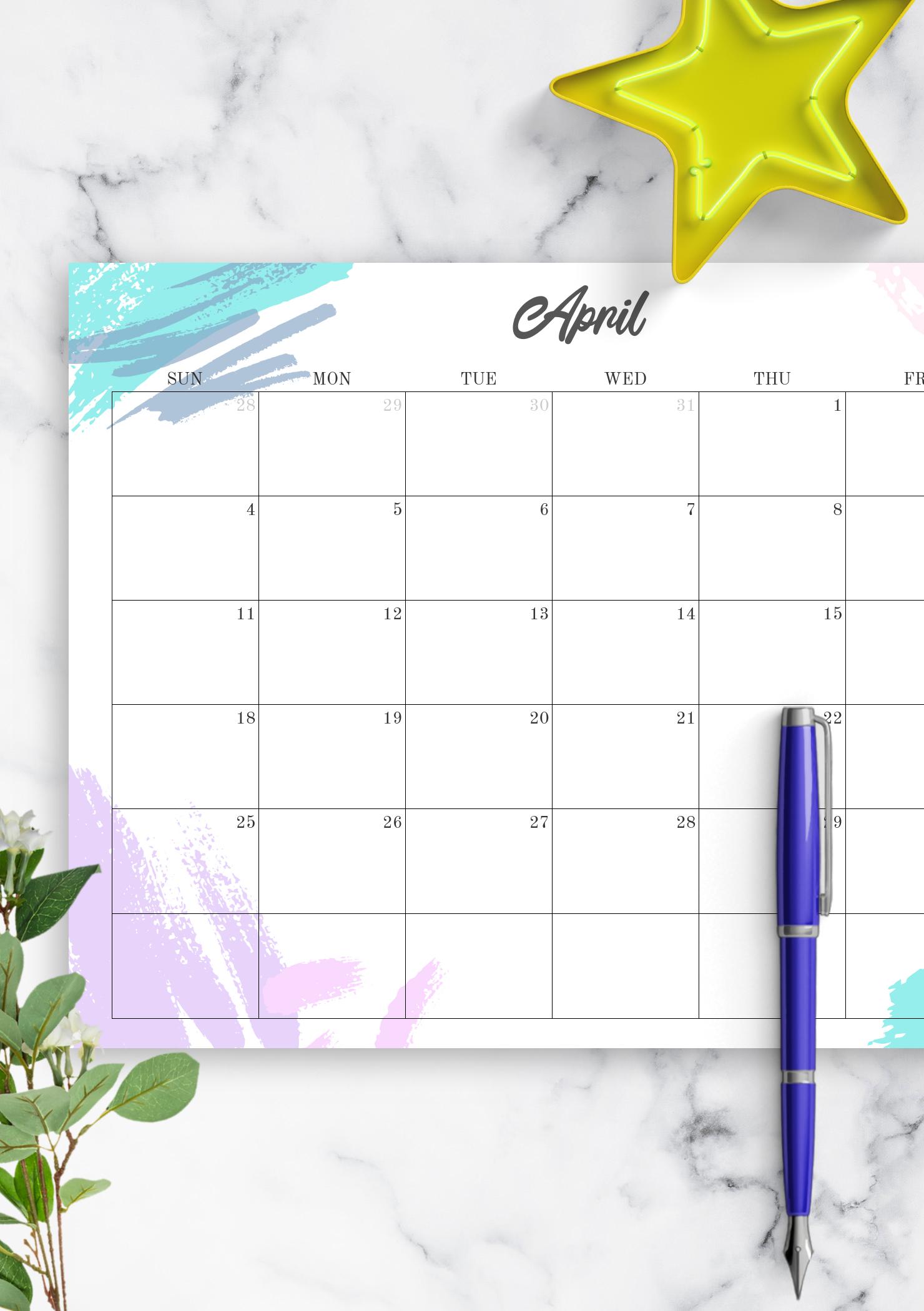 Download Printable Colored Monthly Calendar PDF