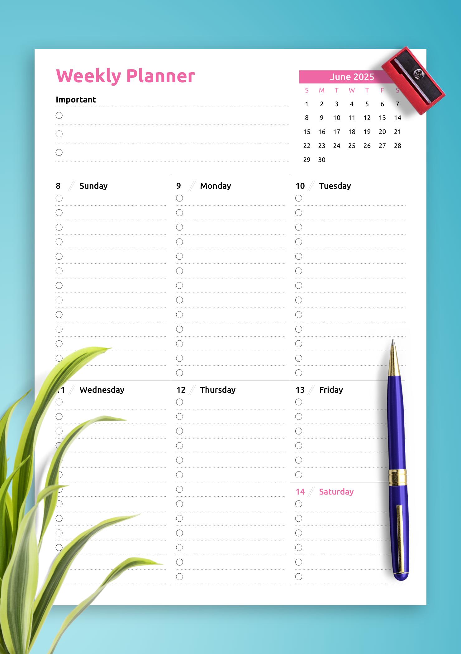 Download Printable Colored one-page weekly planner PDF