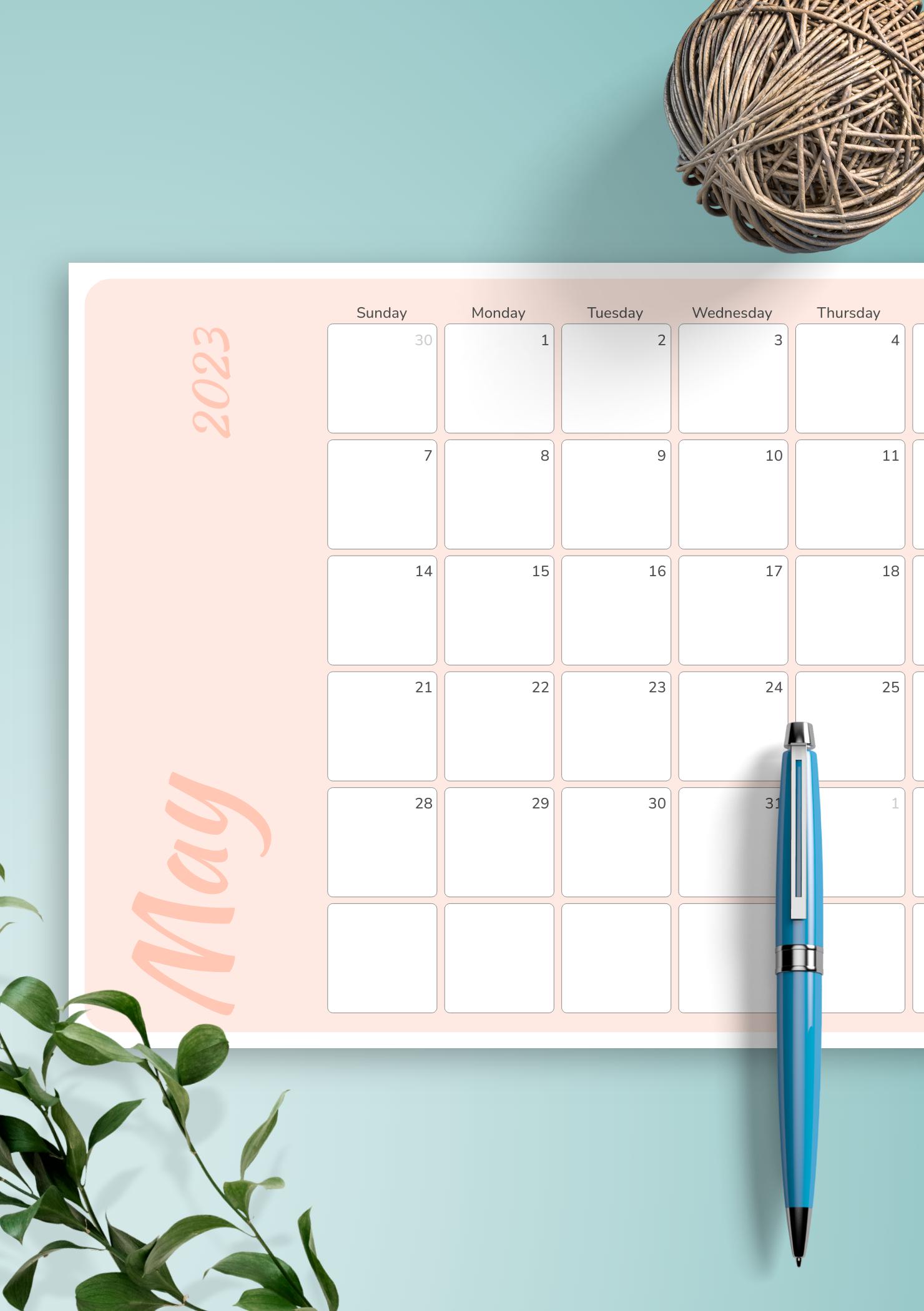 Download Printable Colored Pink Monthly Calendar PDF