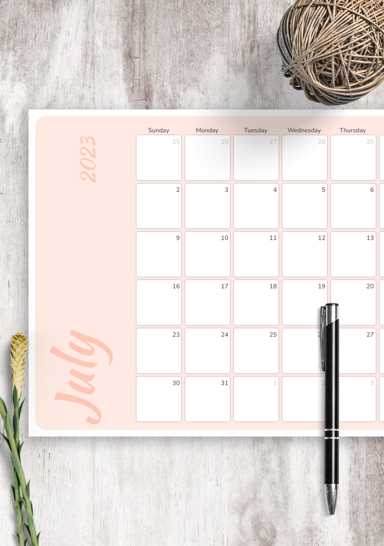 Download Printable Colored Pink Monthly Calendar PDF