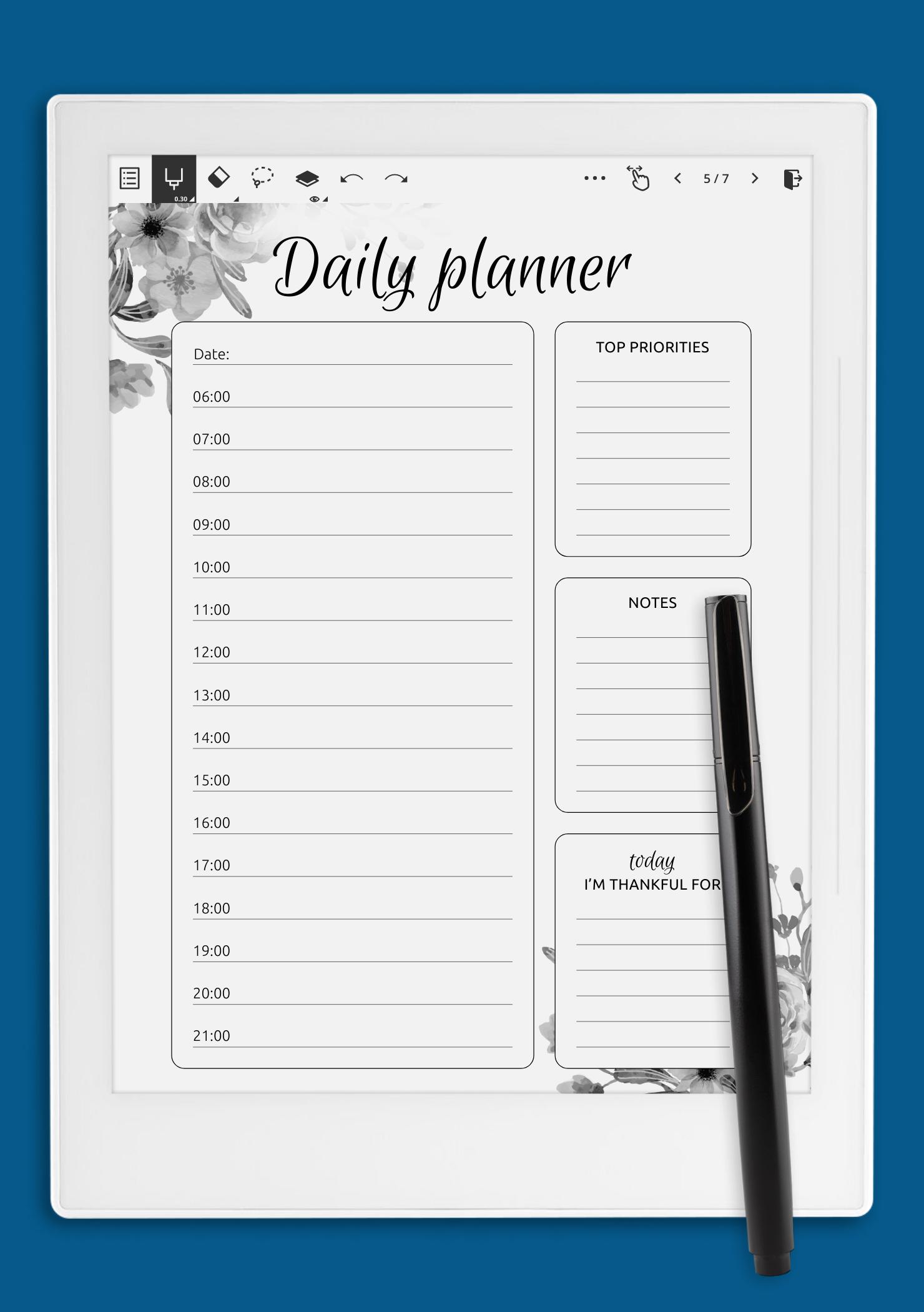 Download Printable Daily hourly planner with flowers PDF