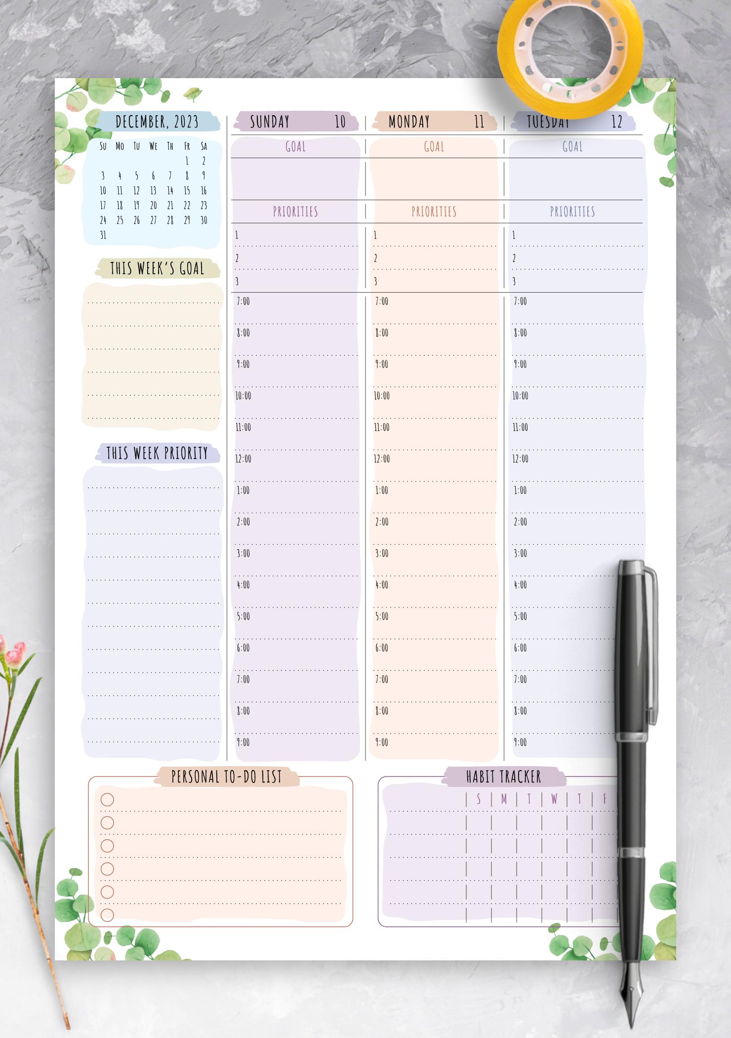 Download Printable Dated Weekly Planner - Floral Style PDF