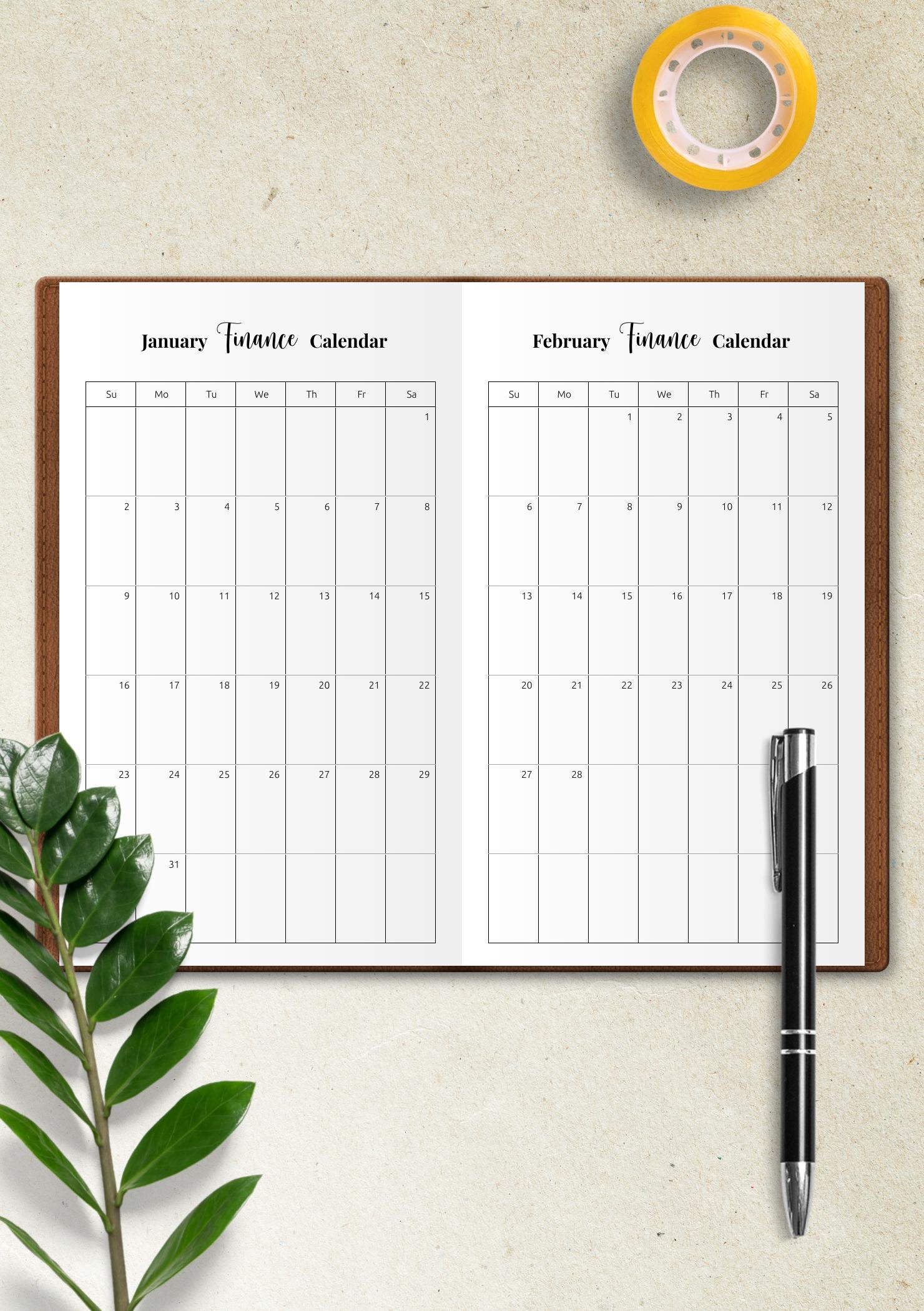 Download Printable Finance Calendar Template PDF