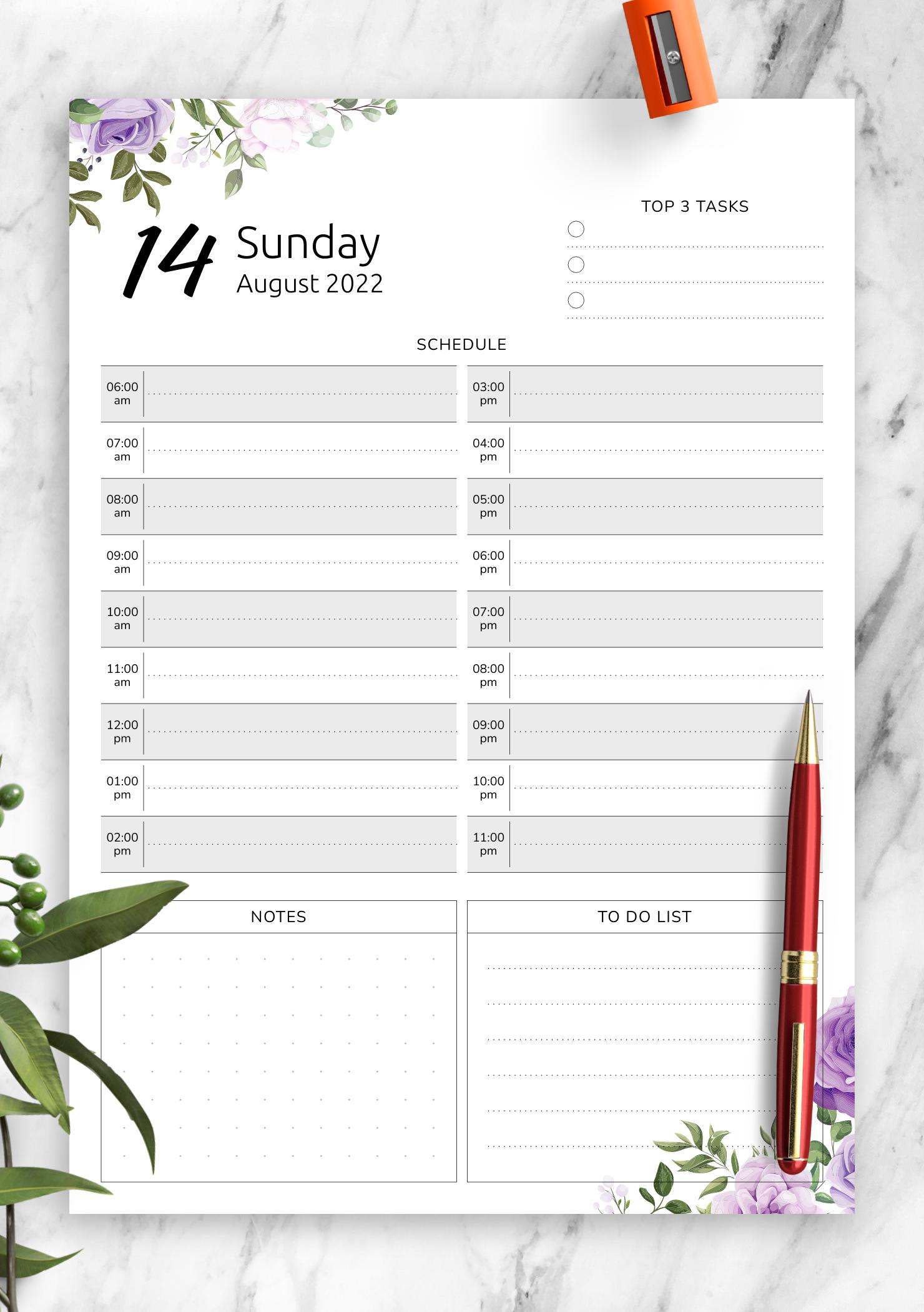 Download Printable Floral Day Planner Template PDF