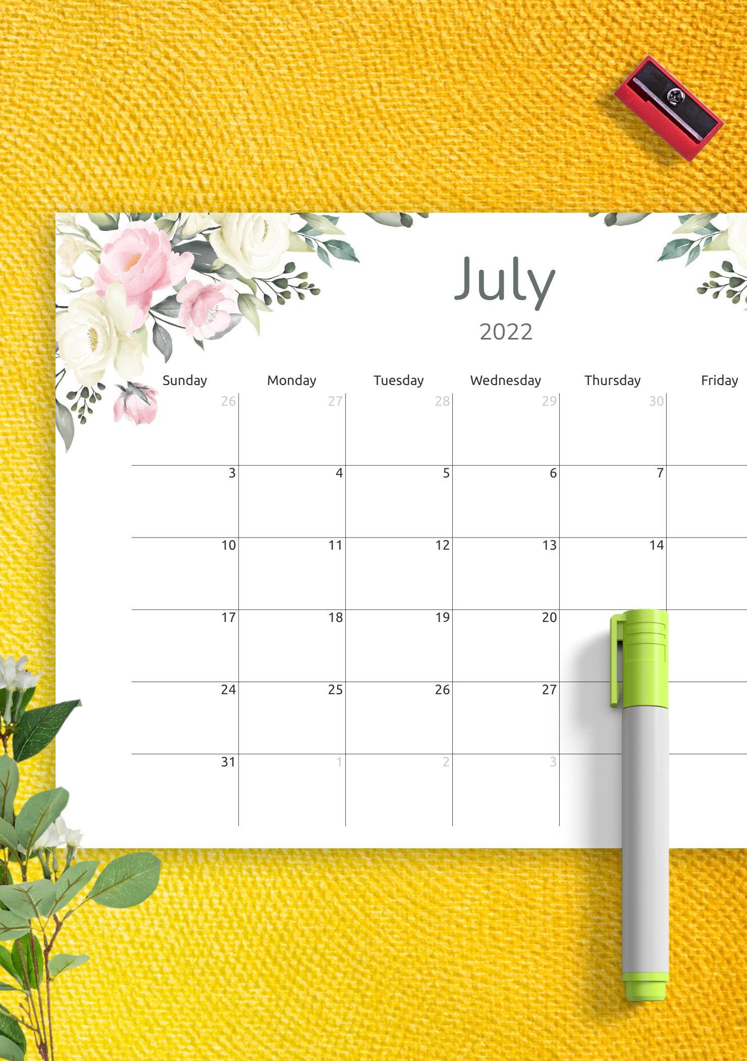 Download Printable Floral Monthly Calendar Pdf