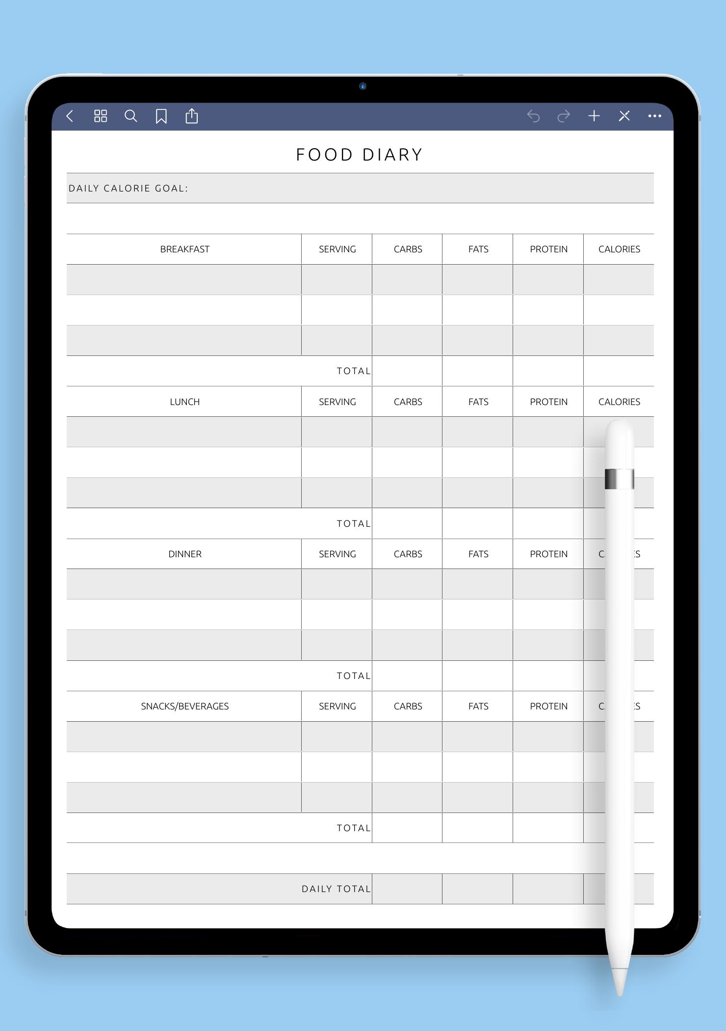 Download Printable Food Diary Template PDF