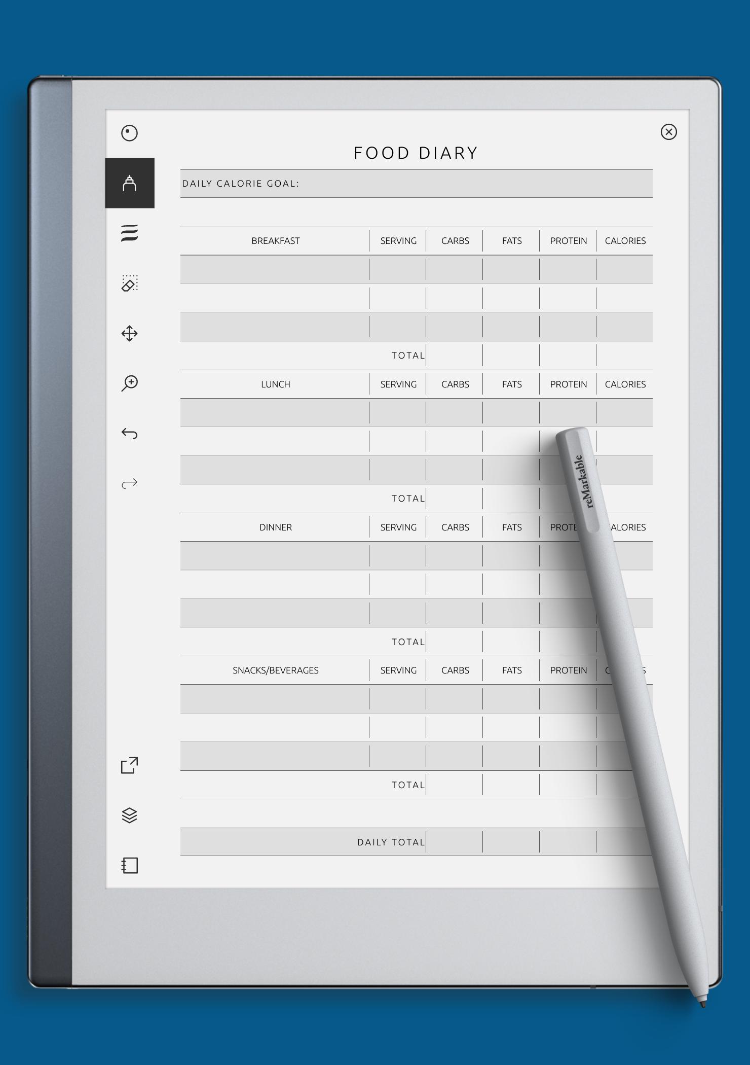 Download Printable Food Diary Template PDF