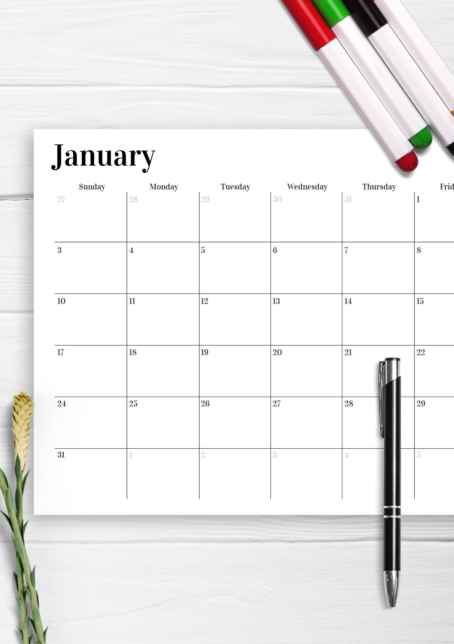 Download Printable Horizontal Monthly Calendar PDF
