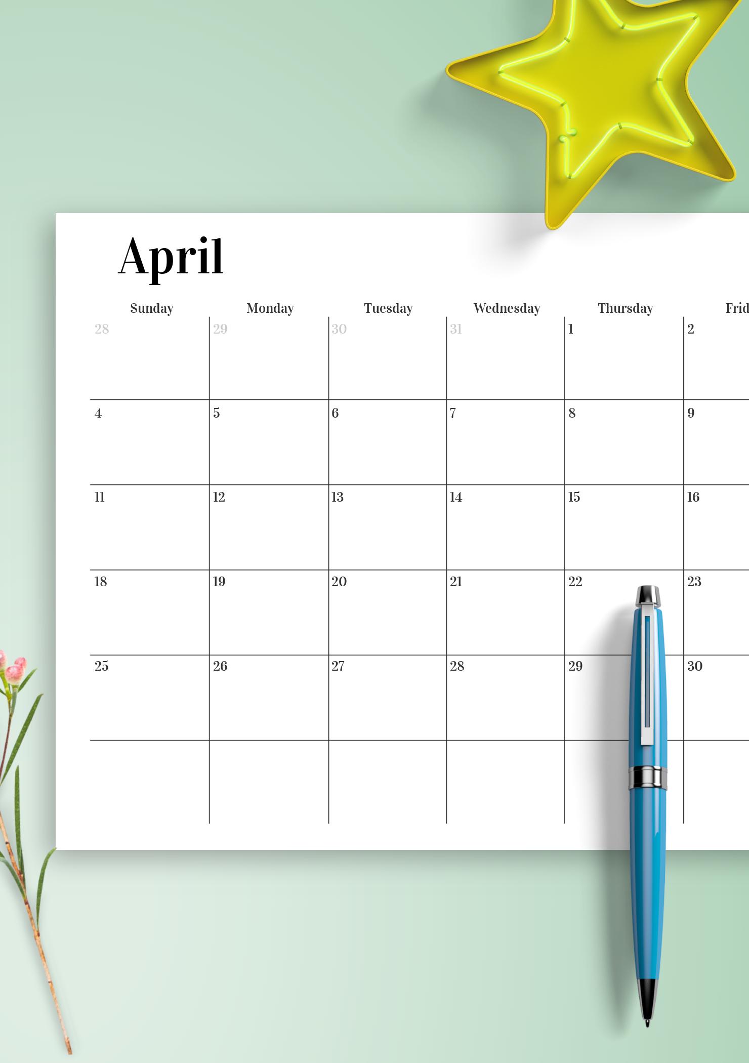 Download Printable Horizontal Monthly Calendar PDF