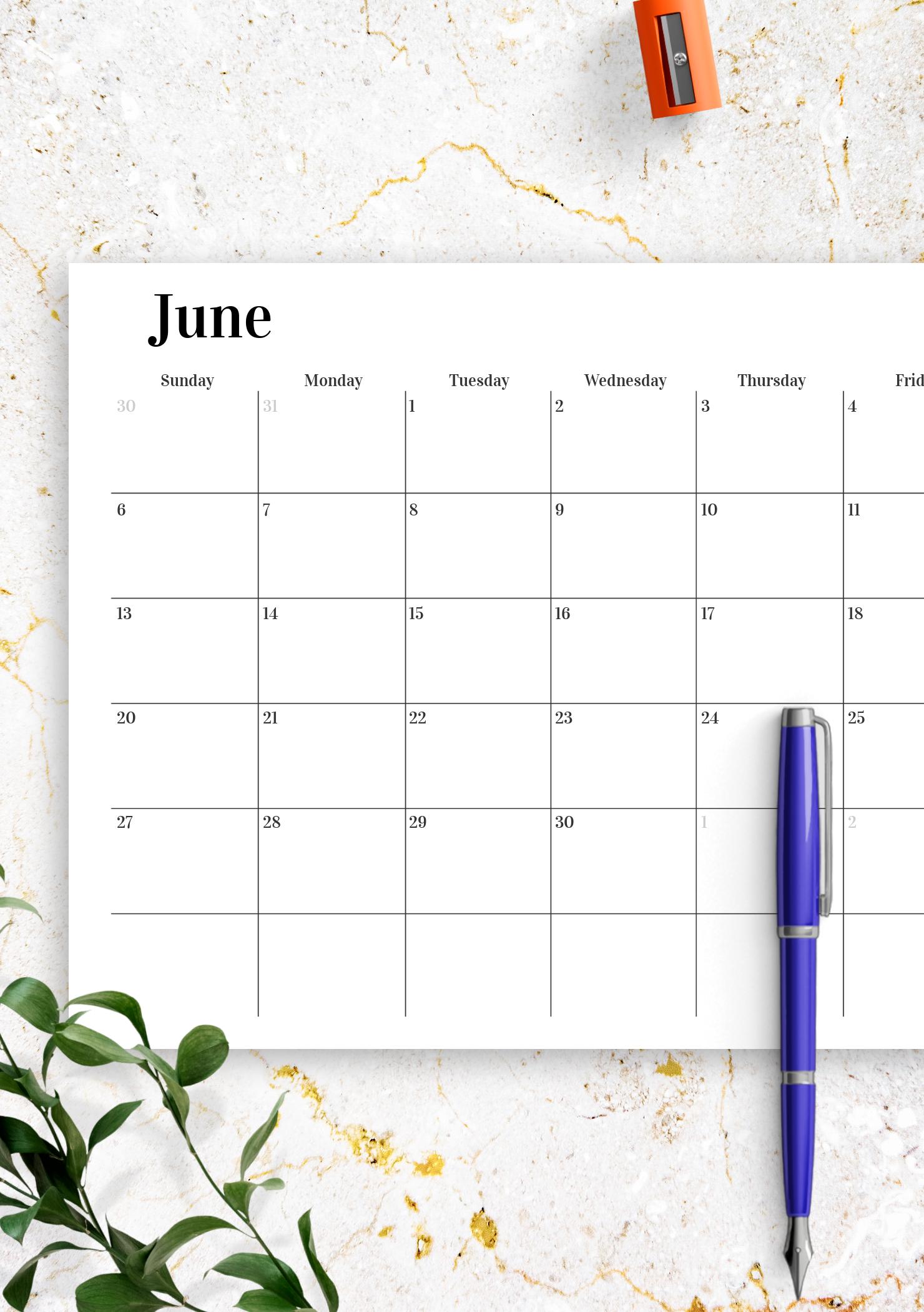 Download Printable Horizontal Monthly Calendar PDF
