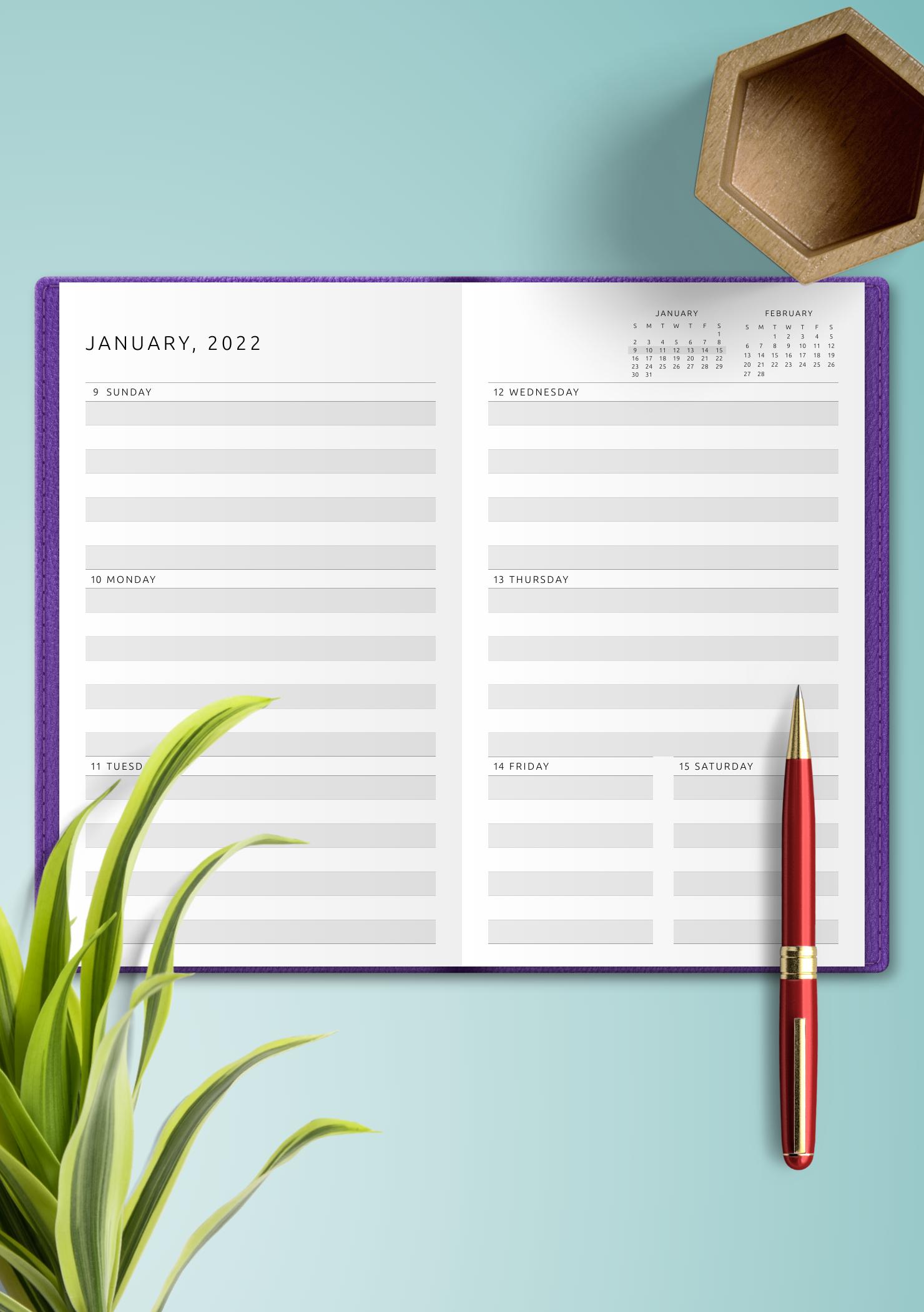 Download Printable Lined weekly planner with calendar PDF