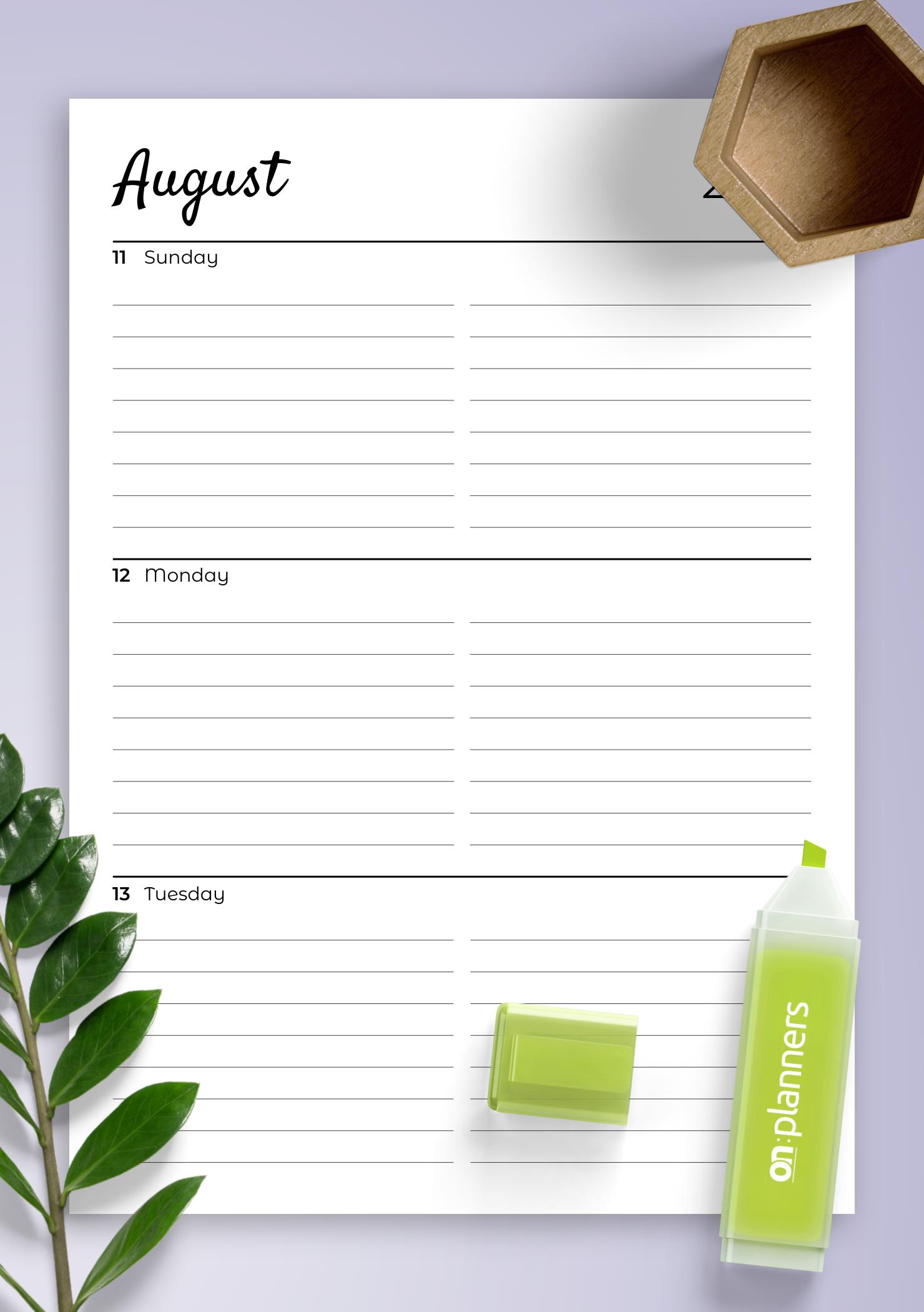 Download Printable Lined weekly planner with calendar PDF