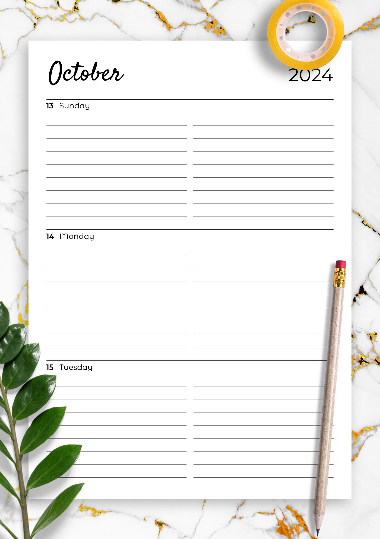 Download Printable Lined weekly planner with calendar PDF