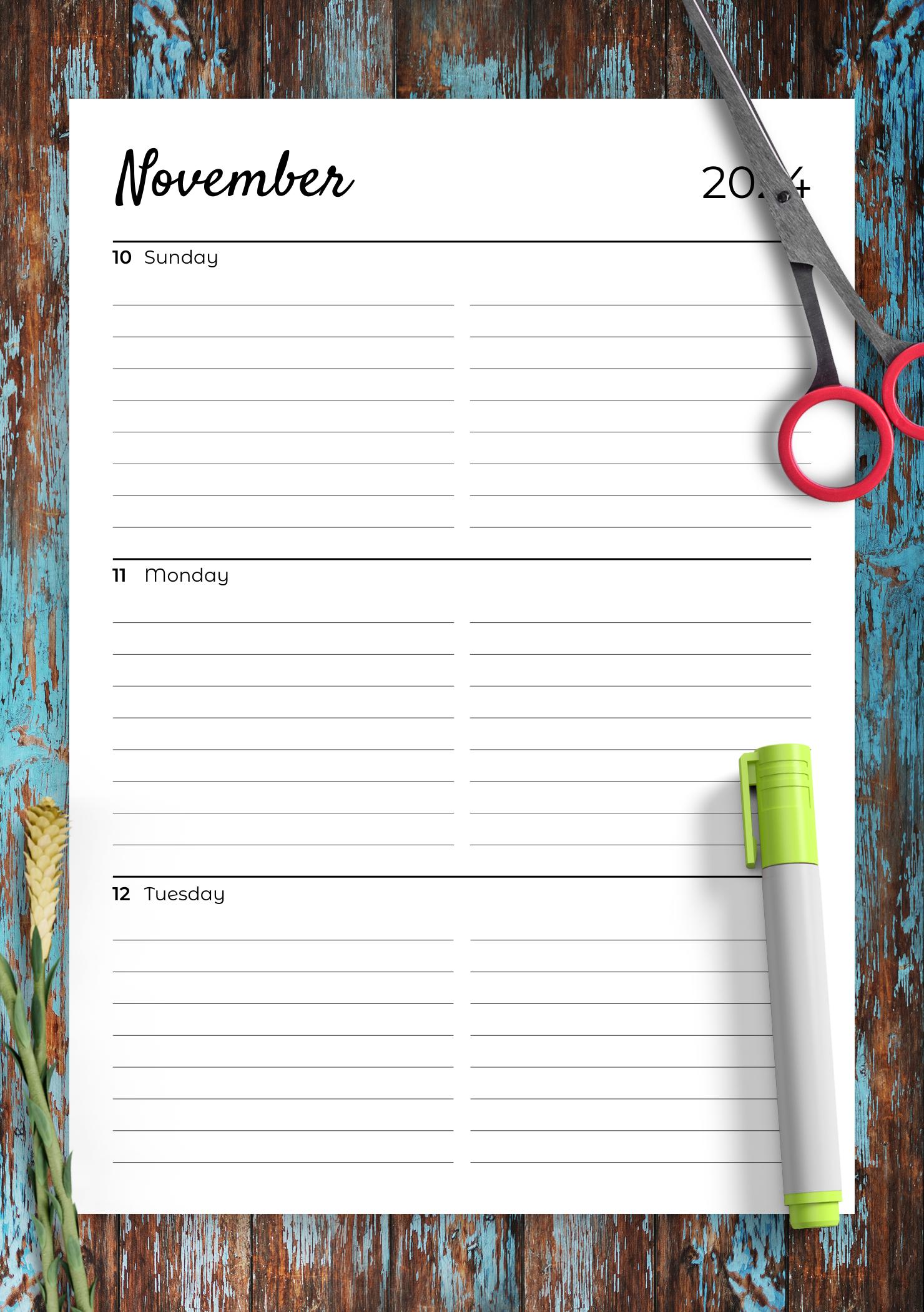 Download Printable Lined weekly planner with calendar PDF
