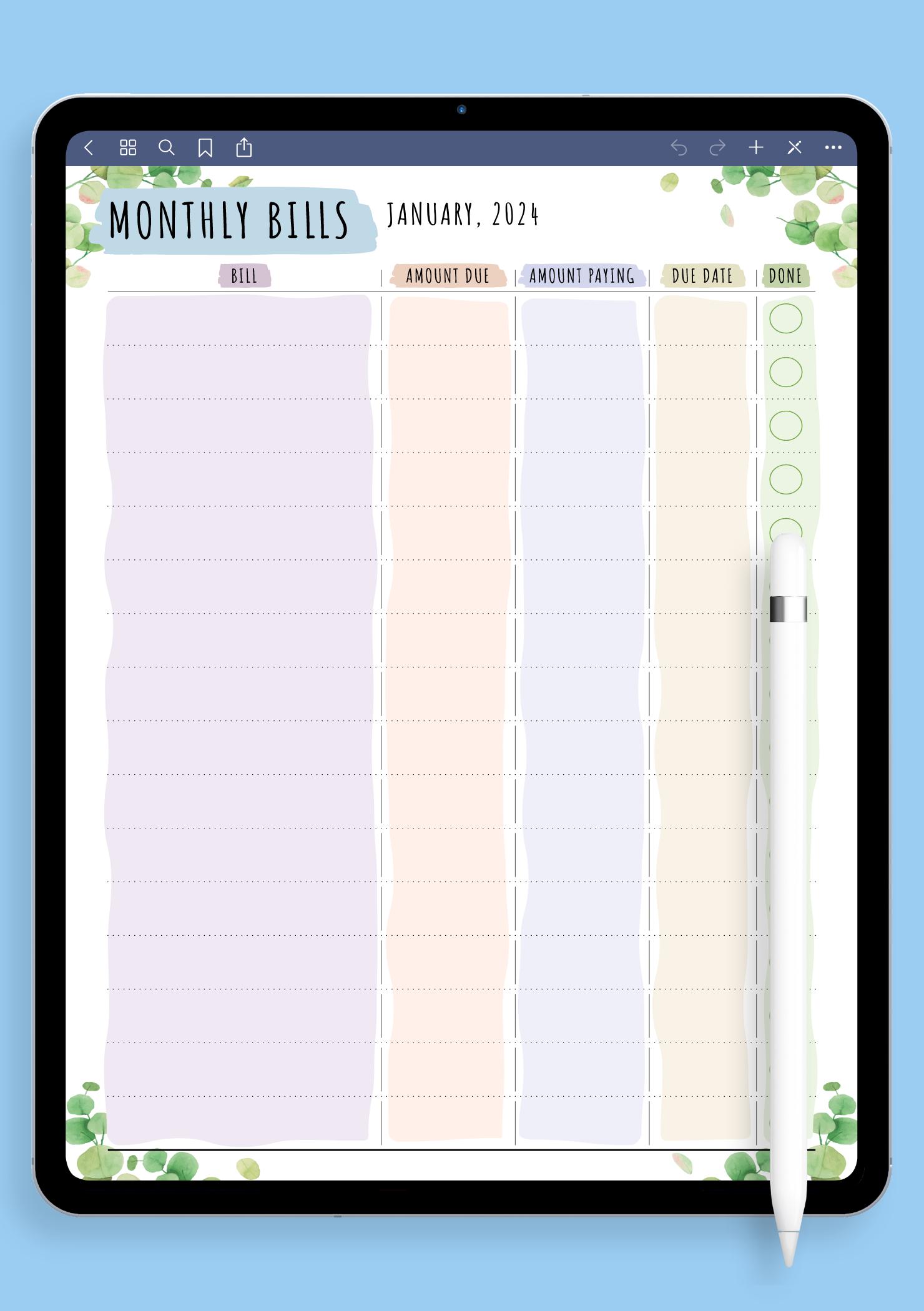 Download Printable Monthly Bills - Floral Style PDF