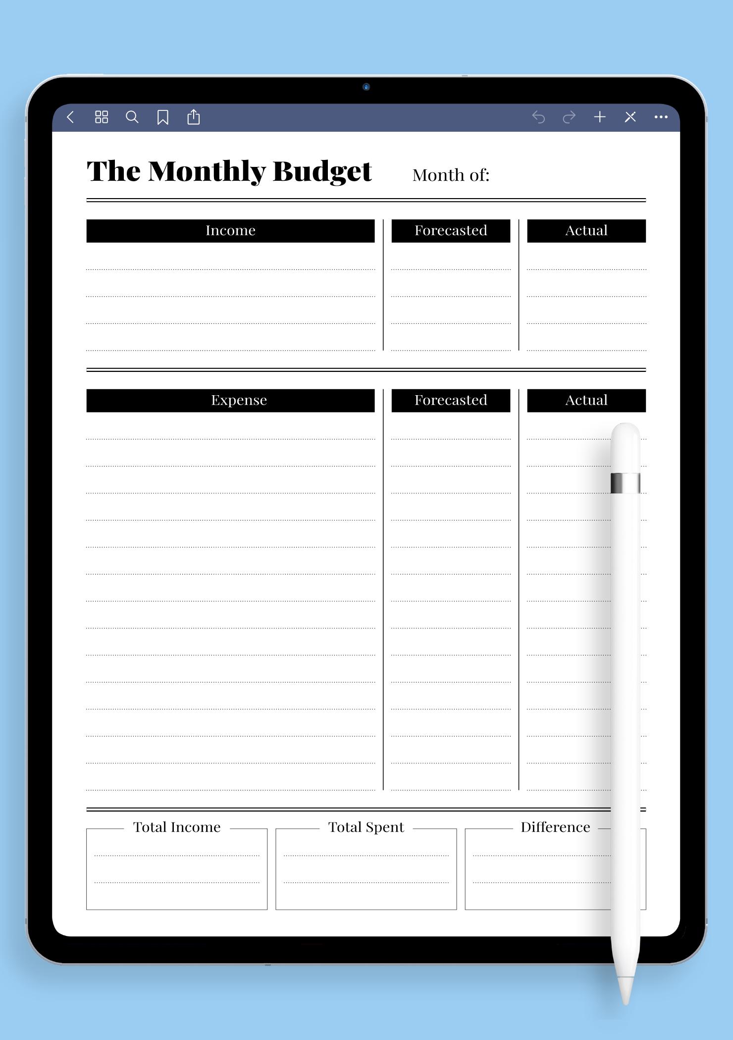 Download Printable Monthly budget with income and spent difference PDF