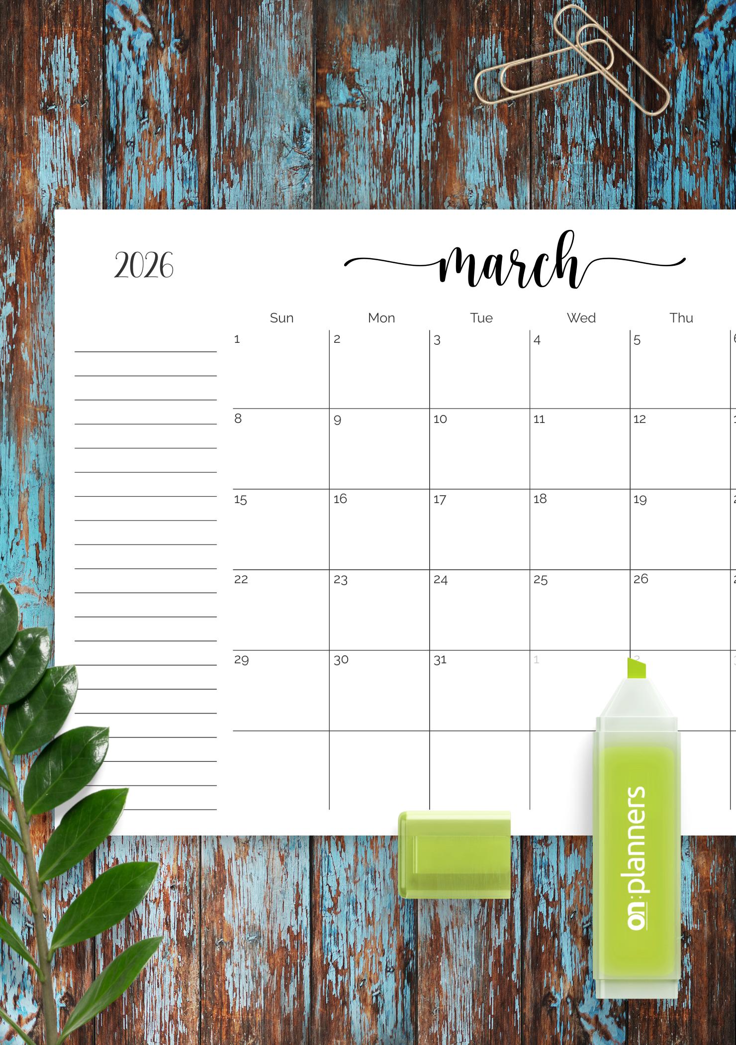Download Printable Monthly Calendar with Notes Section PDF