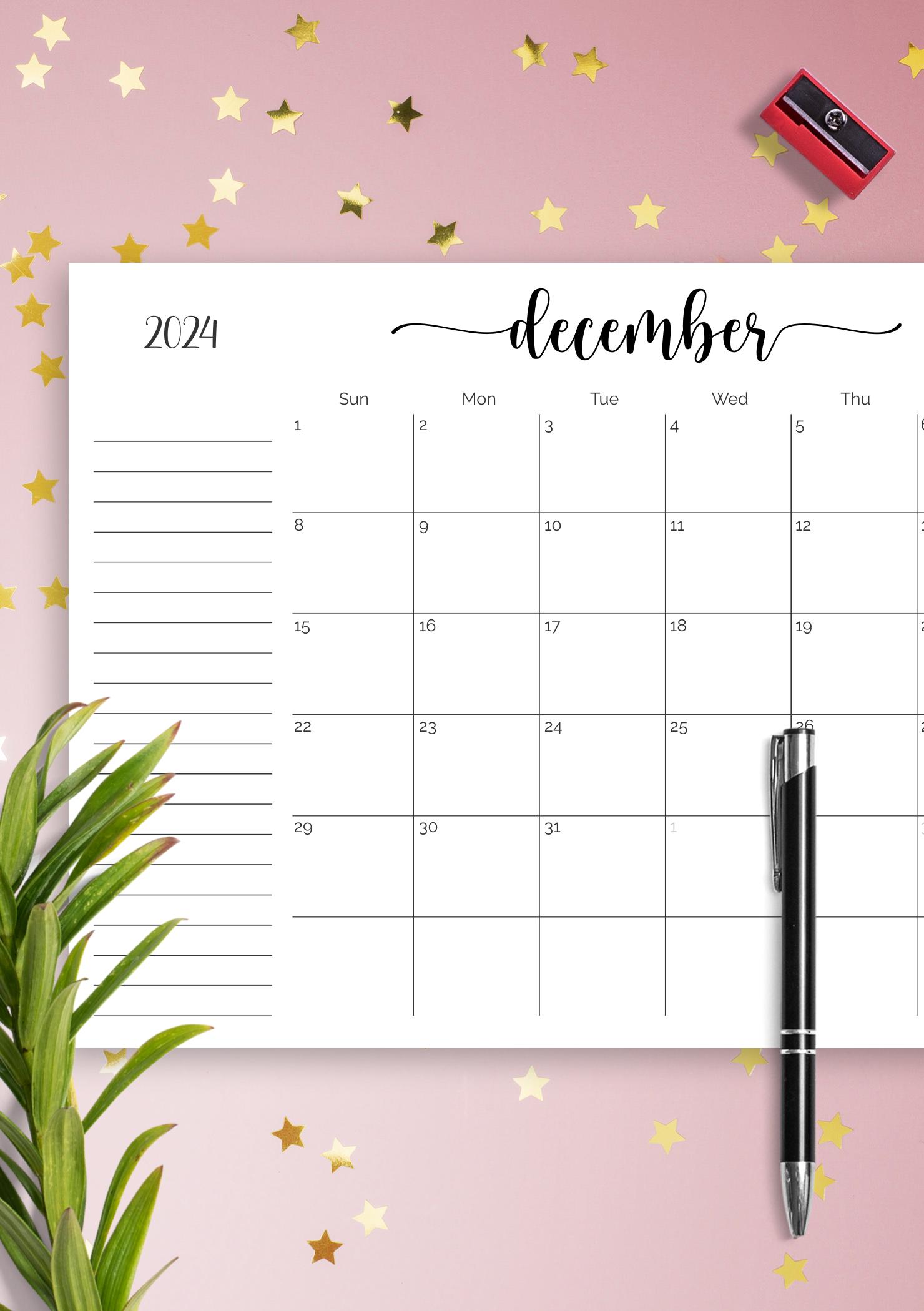 Download Printable Monthly Calendar with Notes Section PDF