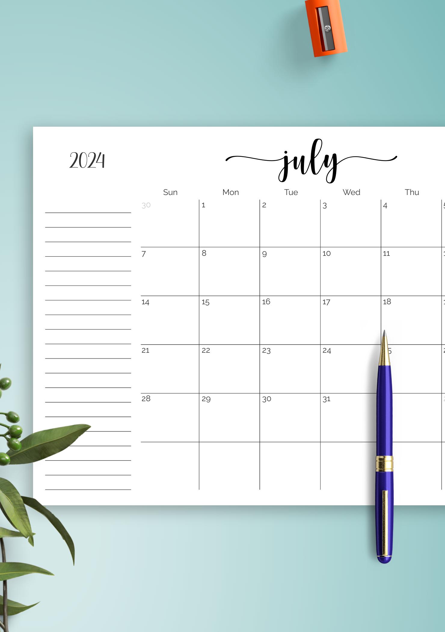 Download Printable Monthly Calendar with Notes Section PDF