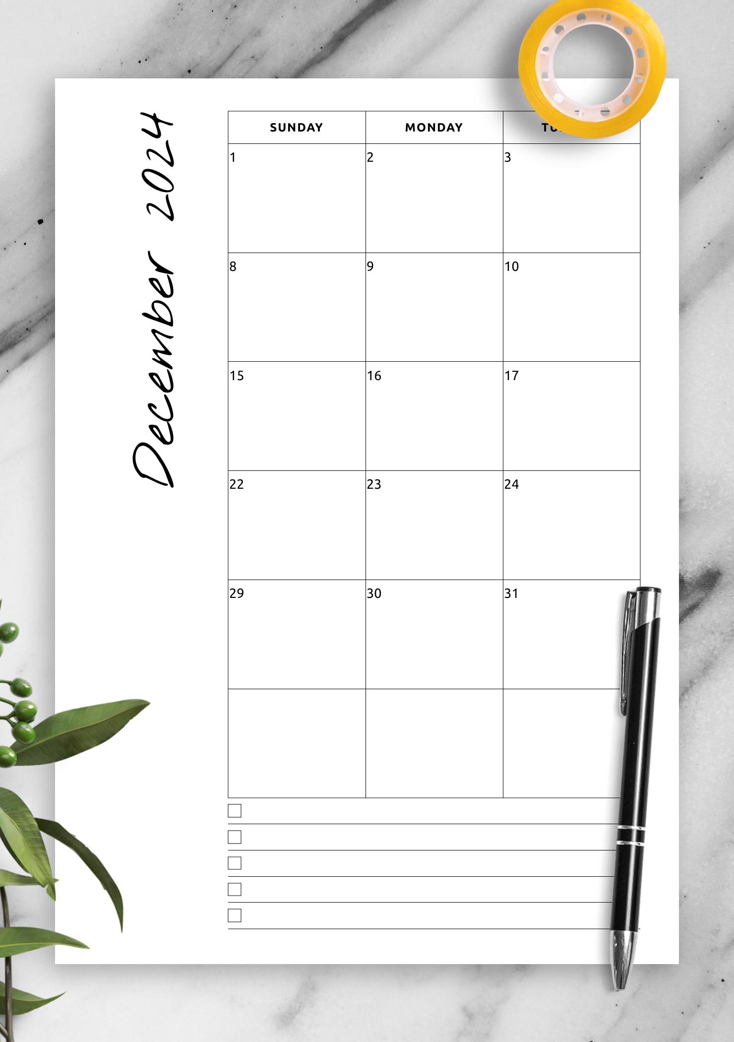 Download Printable Monthly calendar with notes PDF