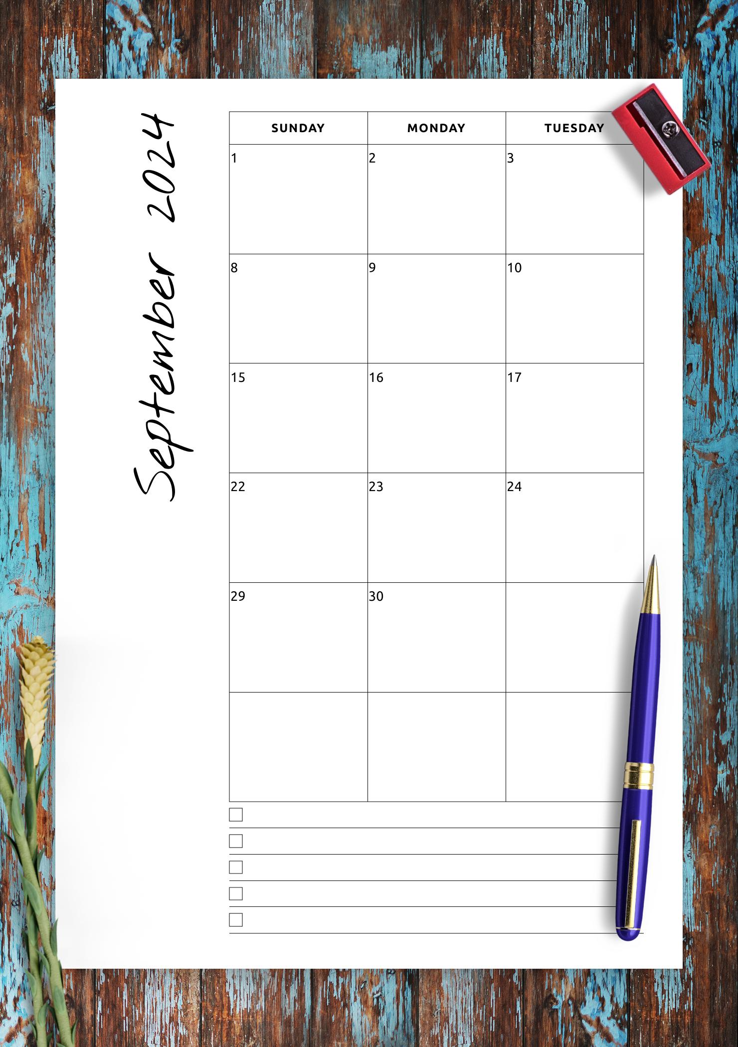 Download Printable Monthly calendar with notes PDF
