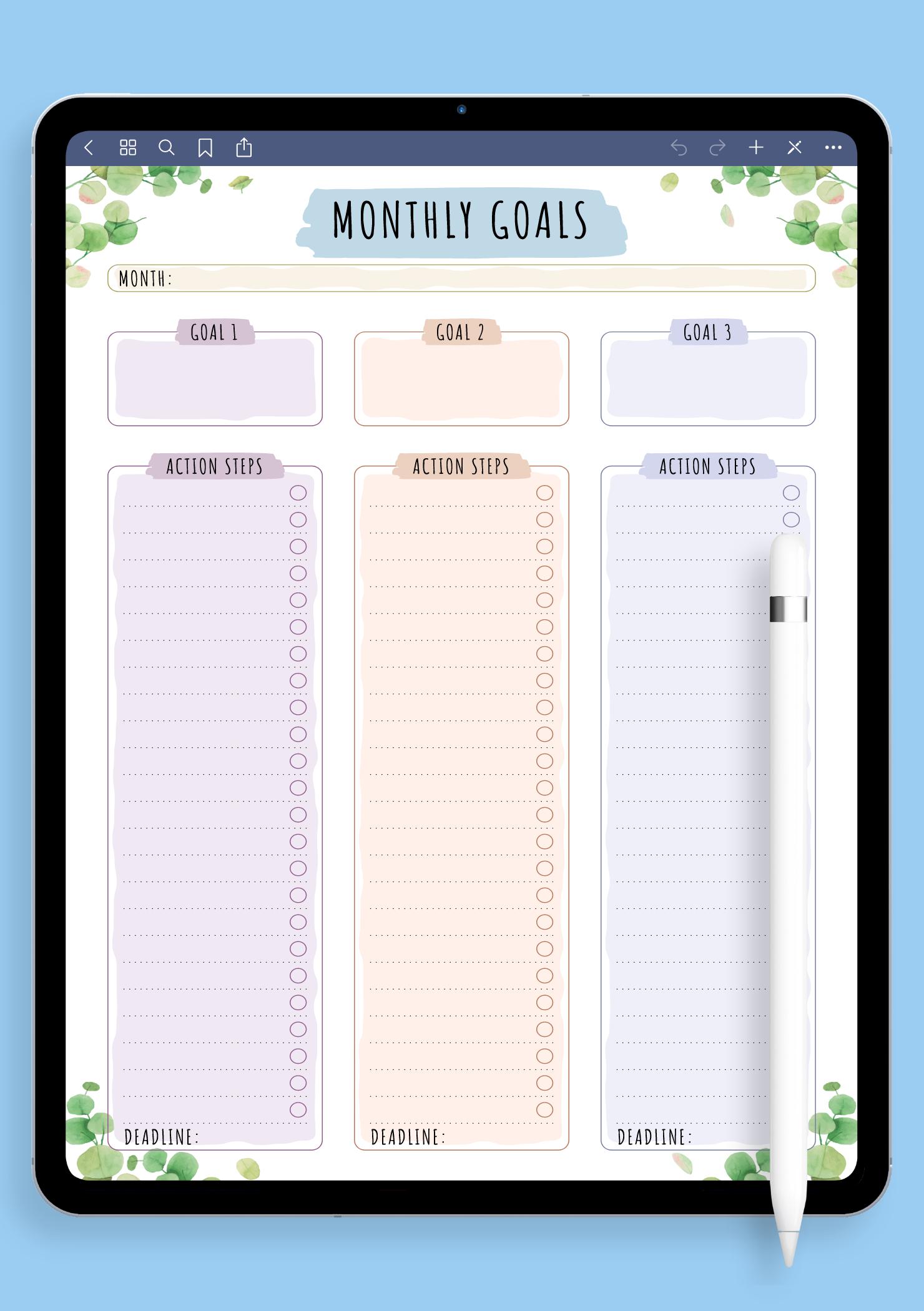 Download Printable Monthly Goals With Action Steps - Floral Style Pdf