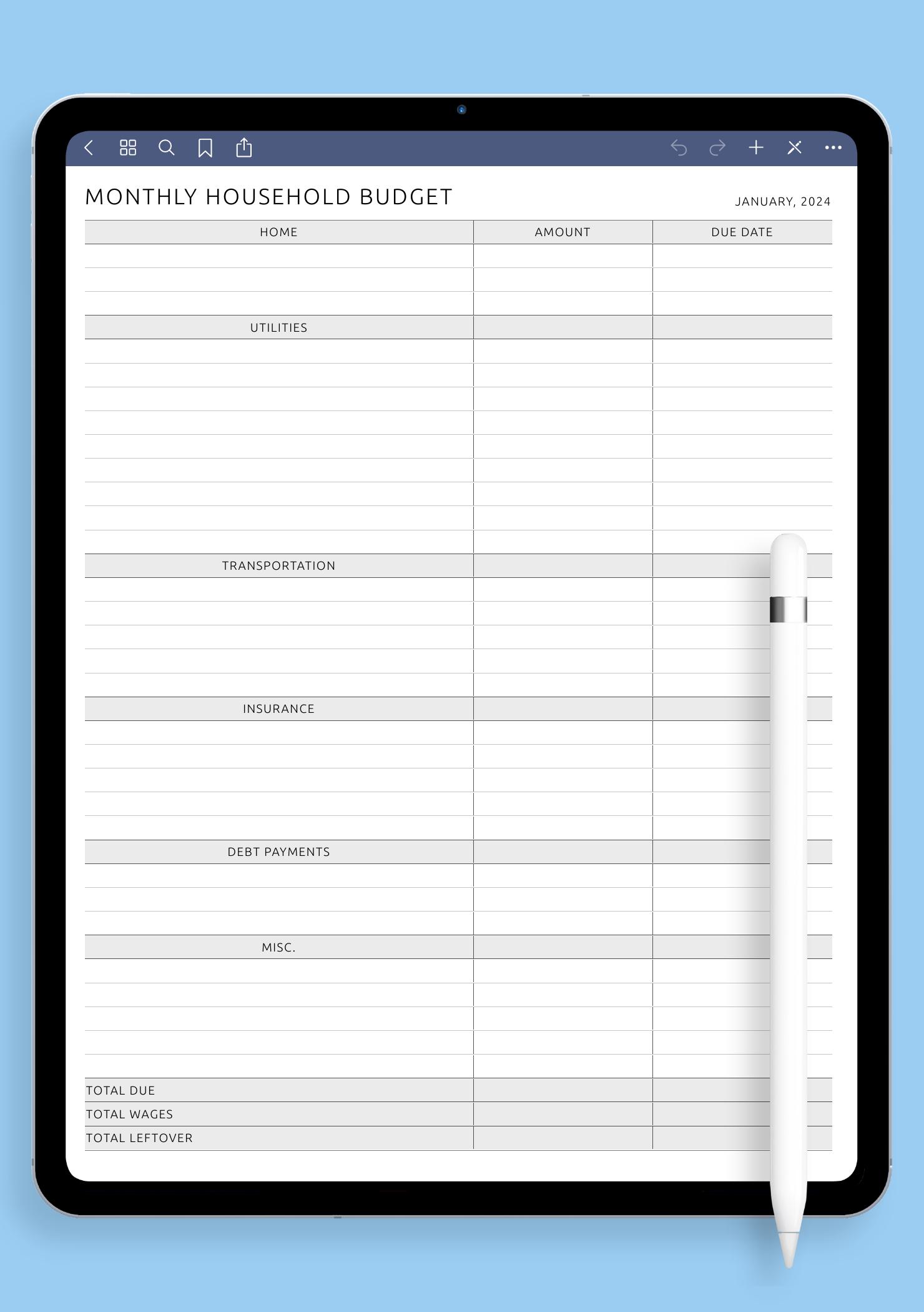 Download Printable Monthly Household Budget Original PDF