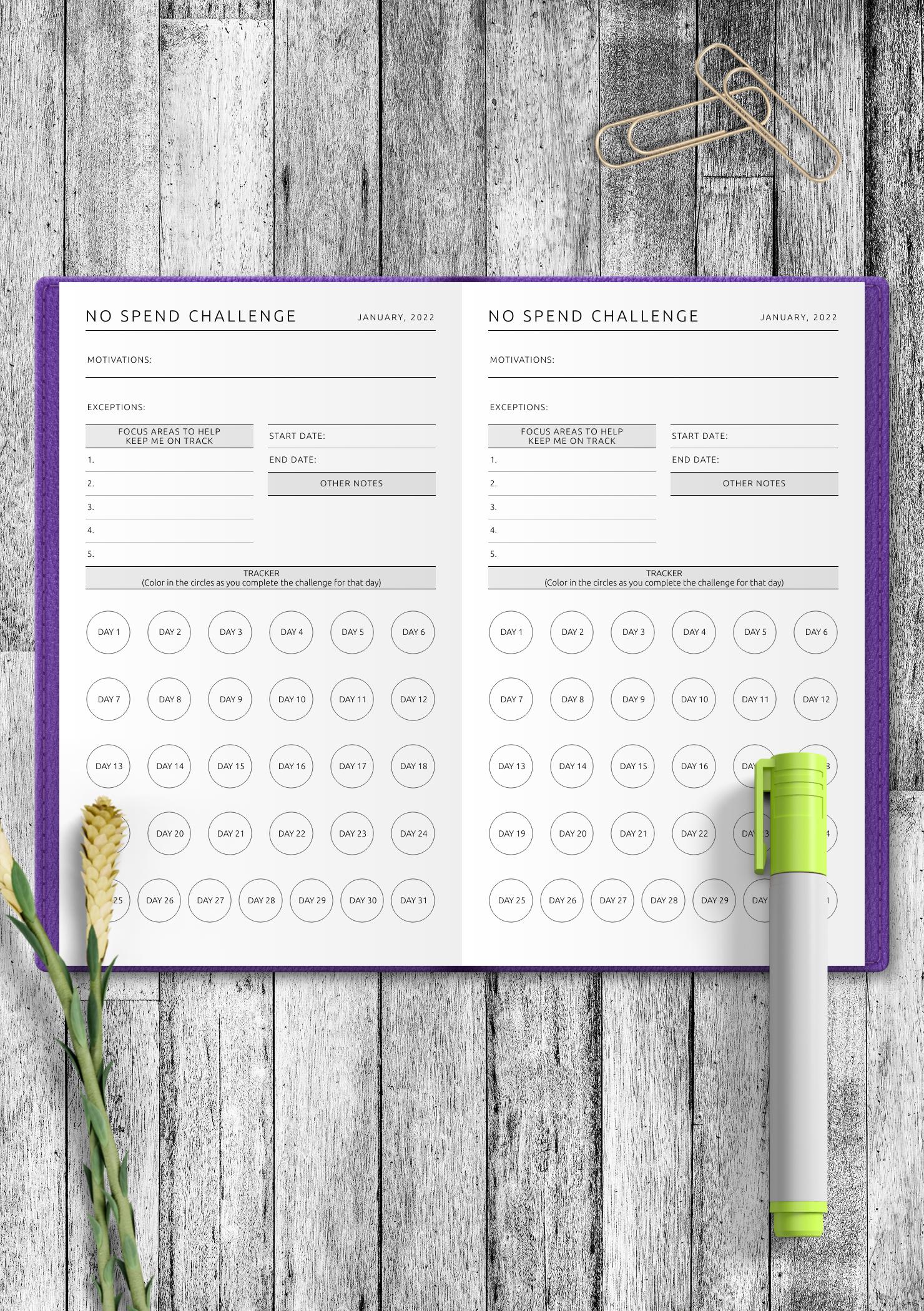 Download Printable Monthly No Spend Challenge Tracker Template PDF