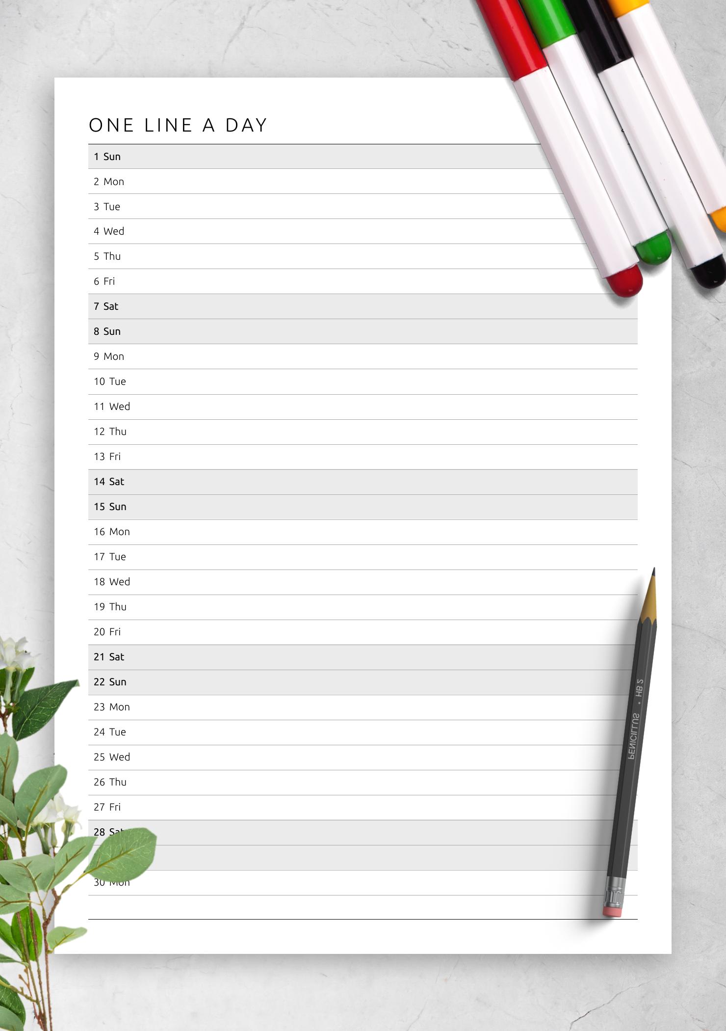 Download Printable One Line a Day Monthly Planner Template PDF