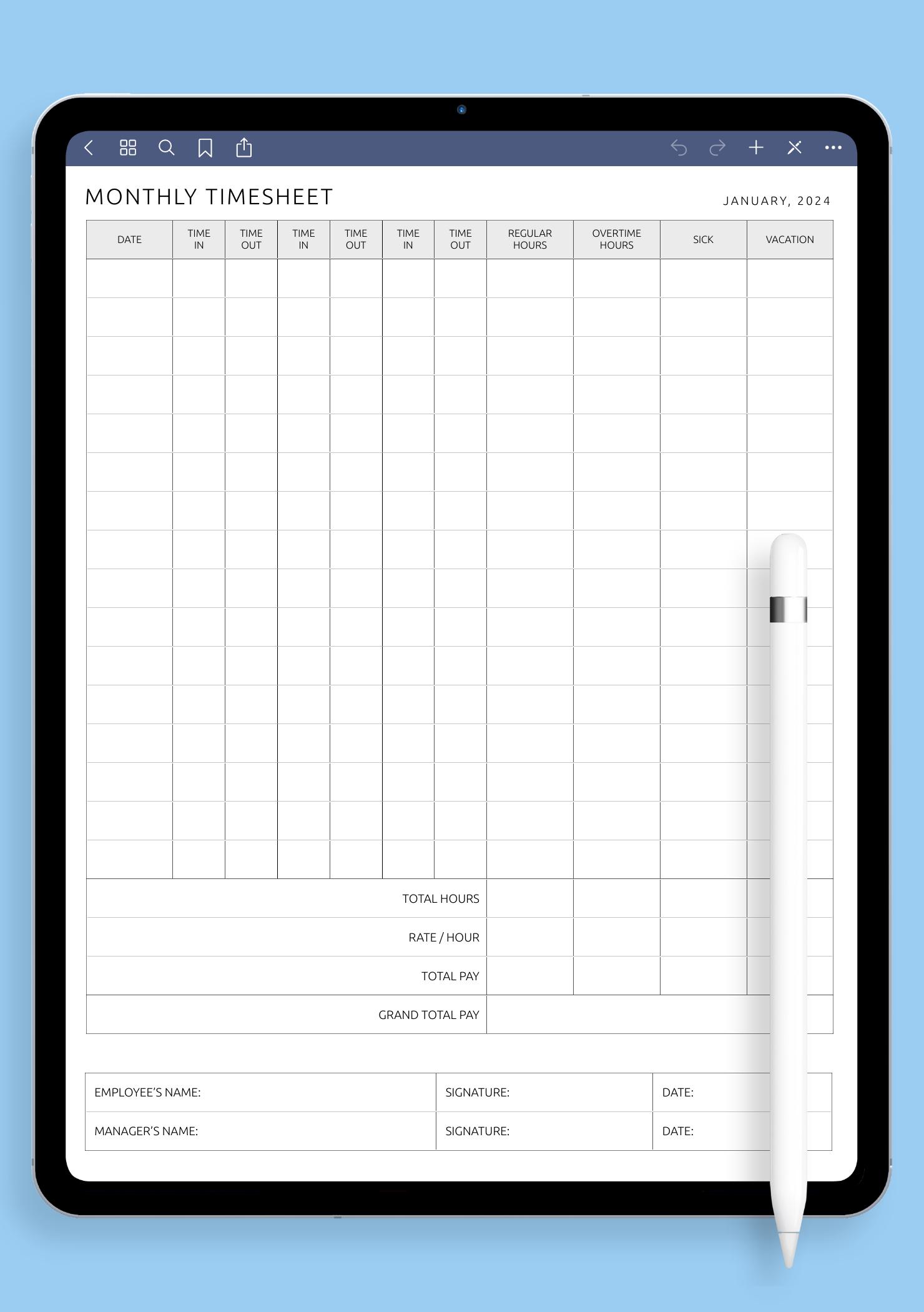 Download Printable Monthly Timesheet With Two Breaks PDF