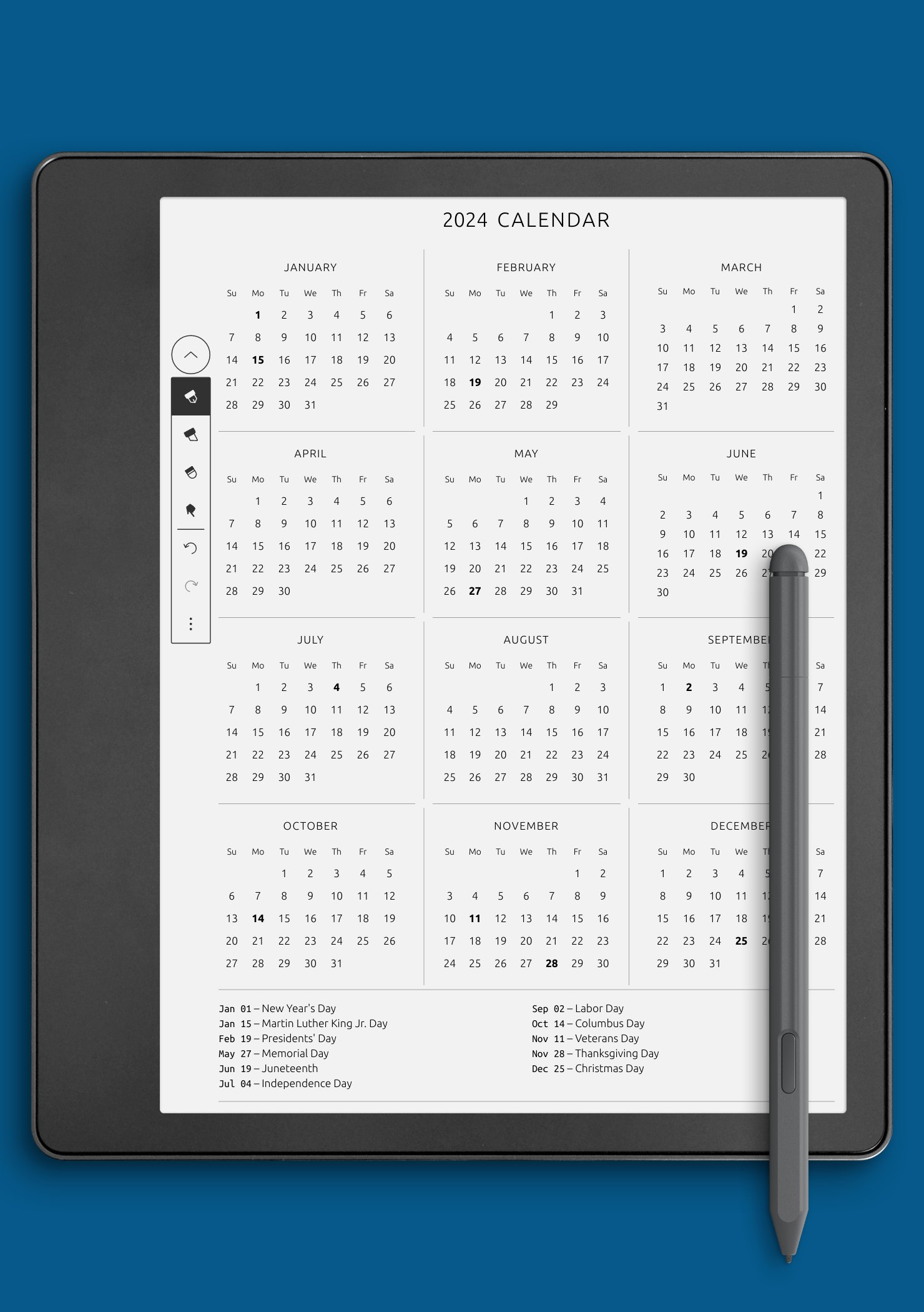 Download Printable Annual Calendar Template with Holidays PDF