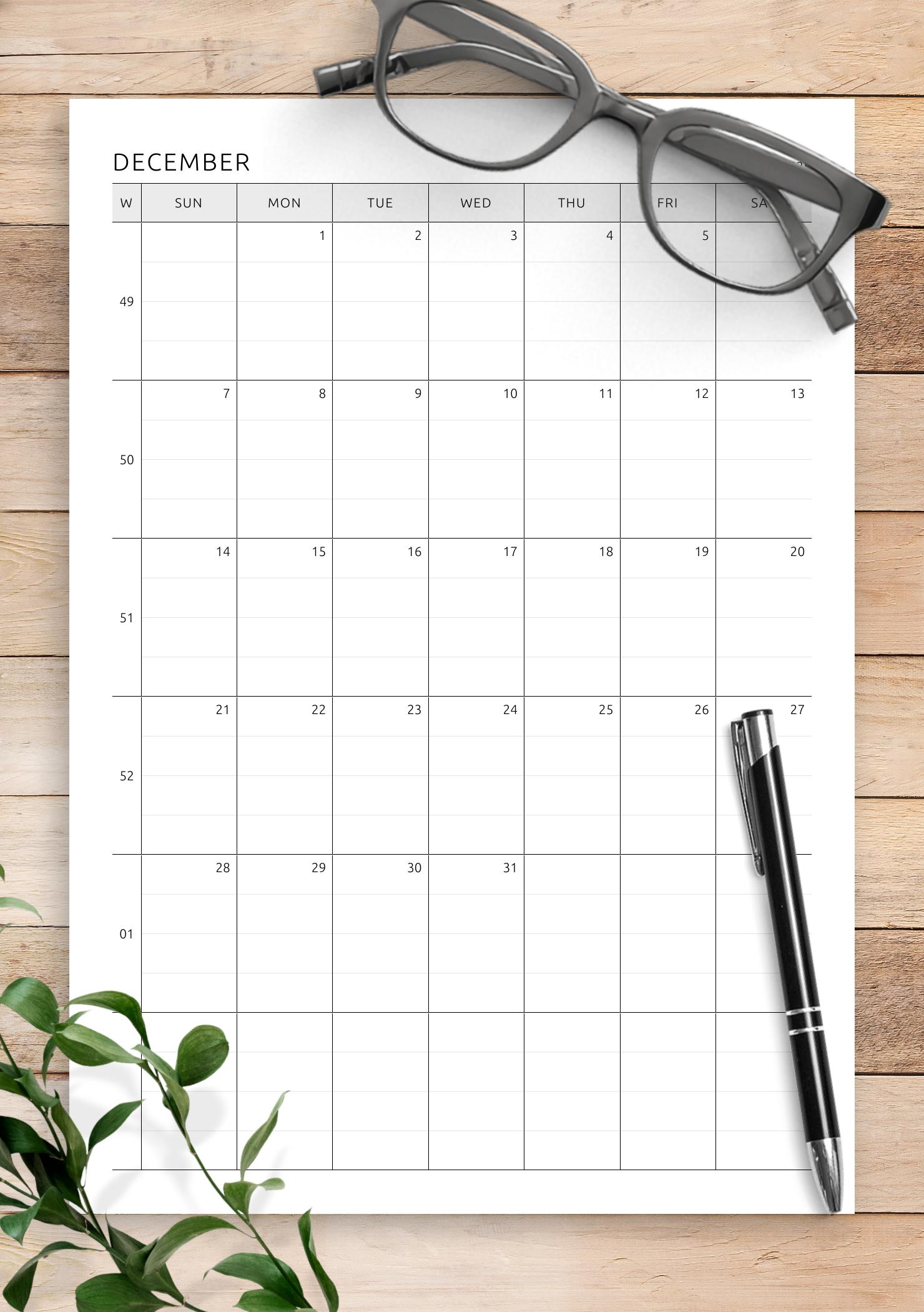 Download Printable One Page Lined Monthly Calendar PDF