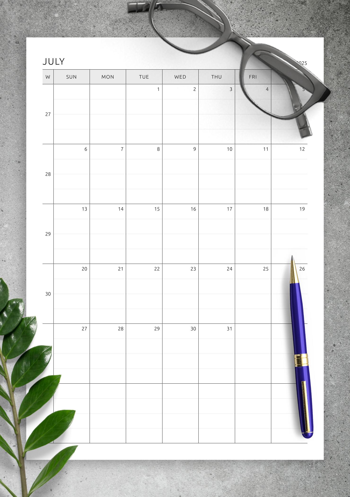 Download Printable One Page Lined Monthly Calendar PDF