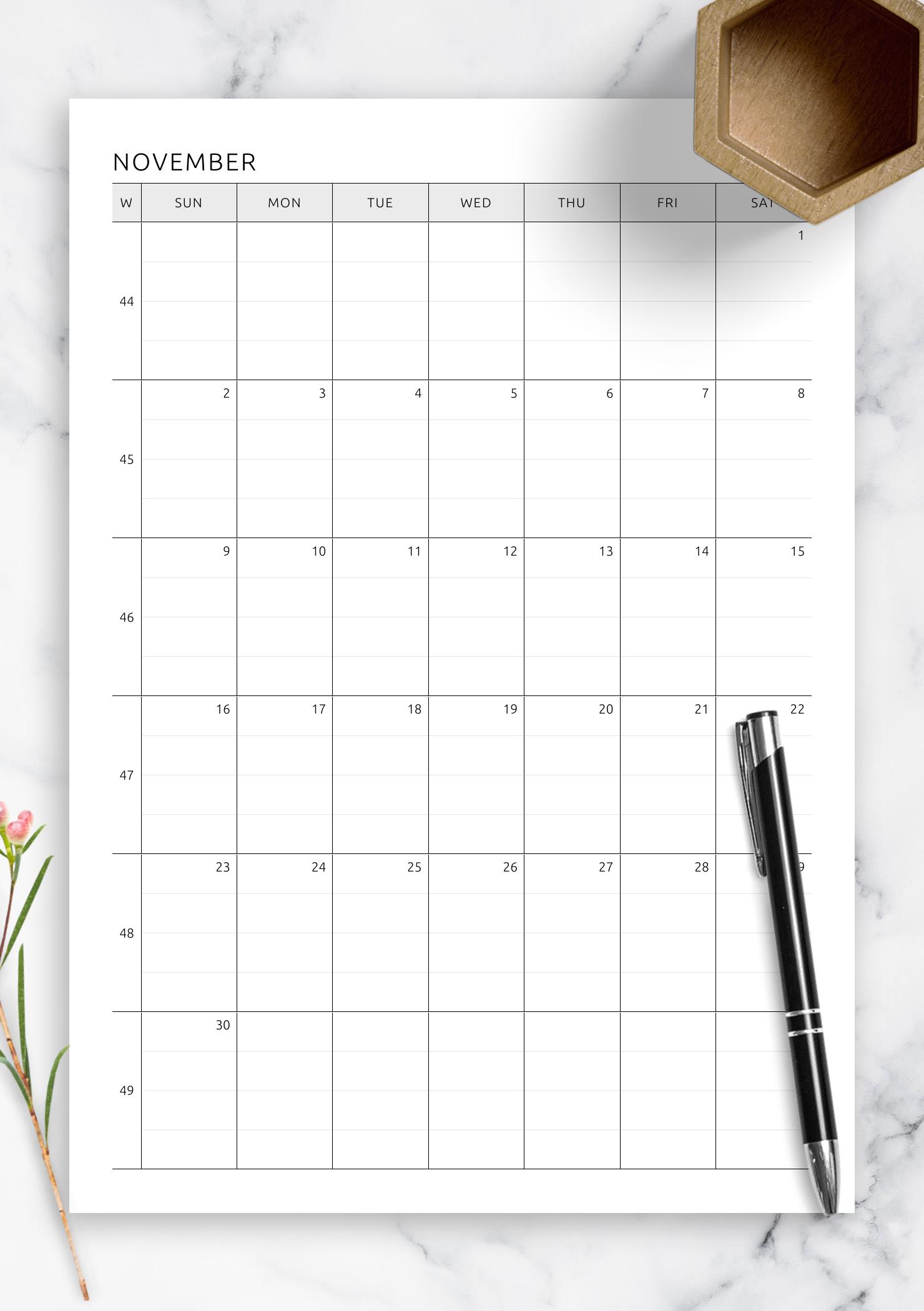 Download Printable One Page Lined Monthly Calendar PDF