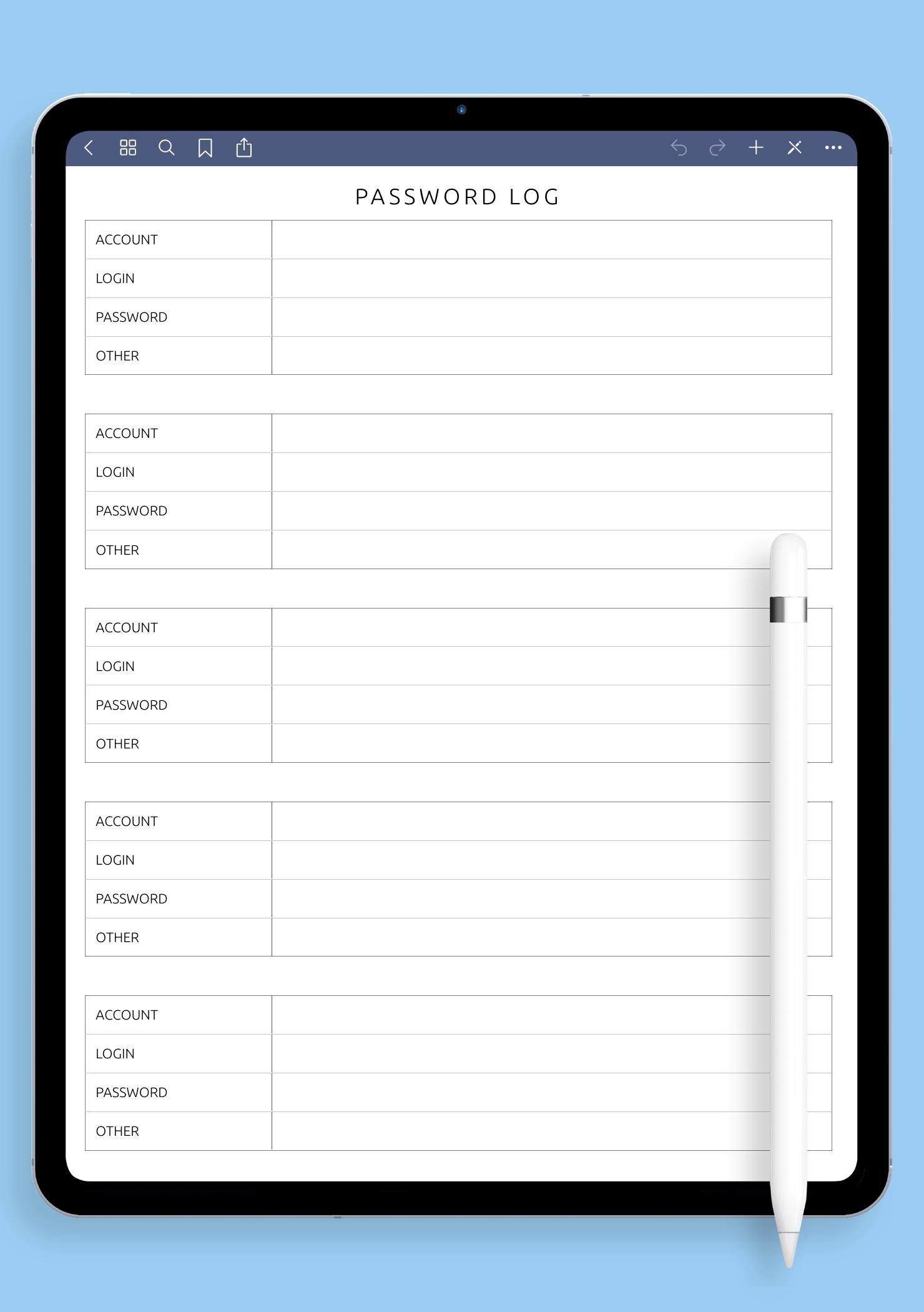 Download Printable Password Log Template - Minimalist Style PDF